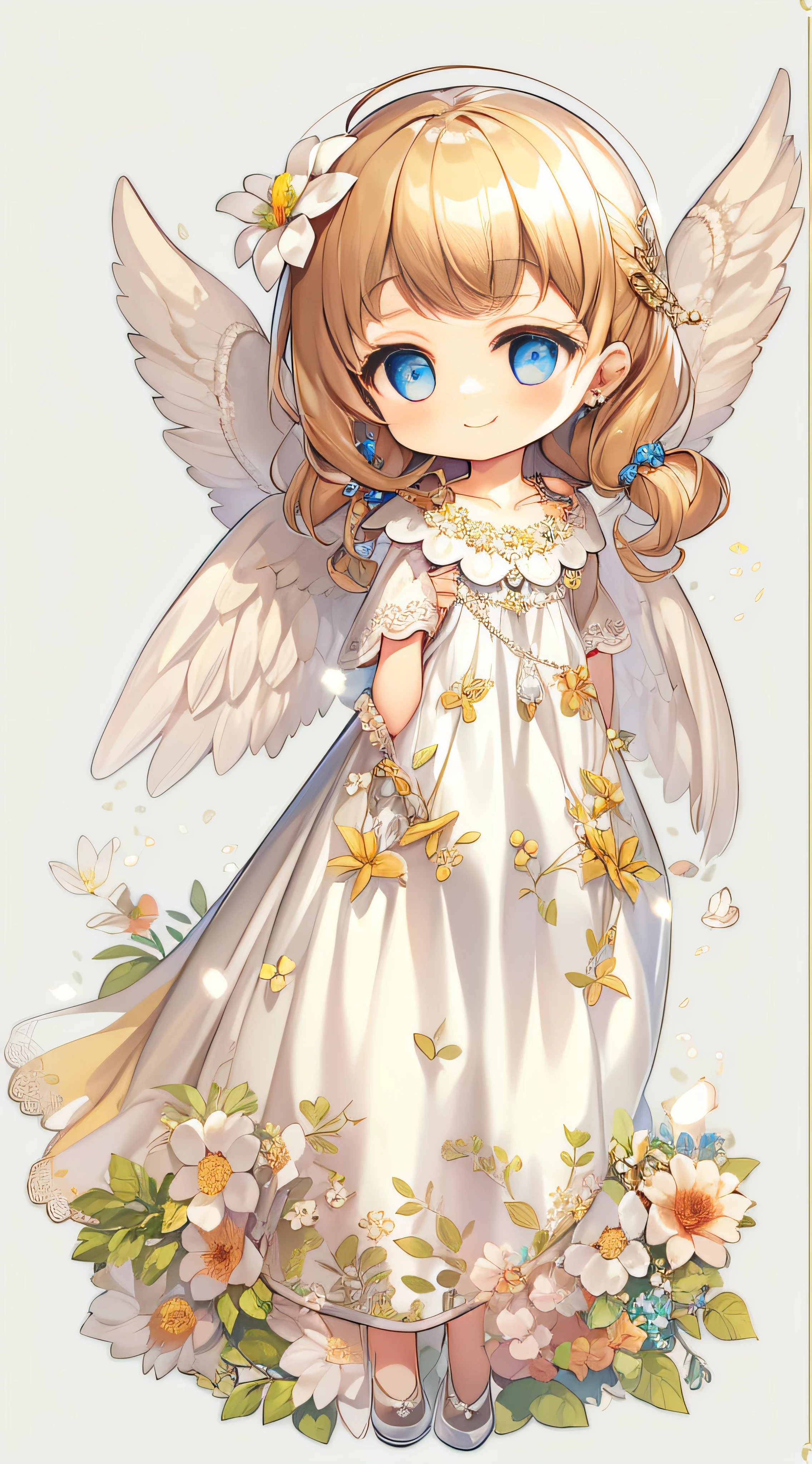 Little Angel, estilo chibi, With angel wings, Gentle smile, holding a flower, Vintage Long Dresses、colorfull dress, Isolated on plain white background, Show full body