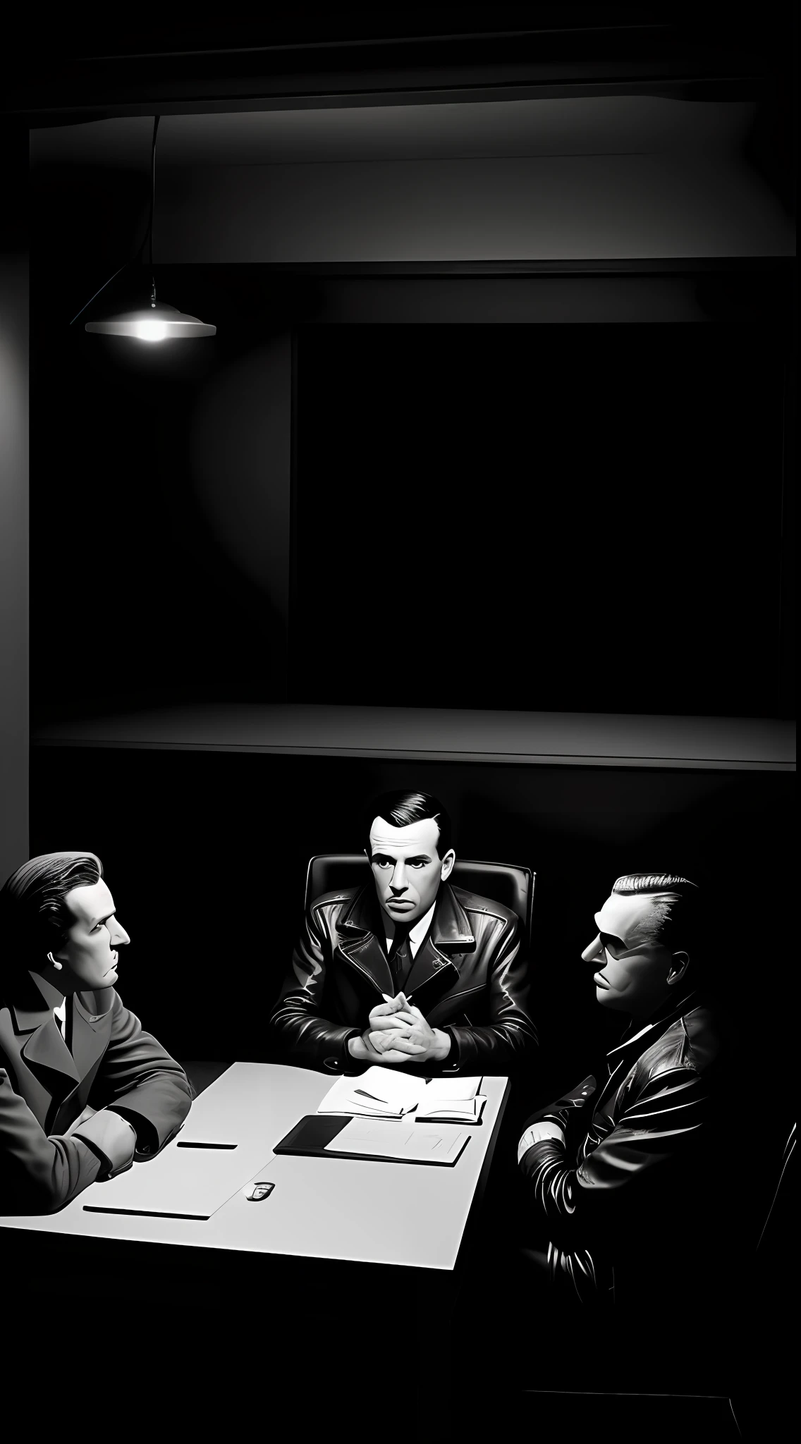 {A scene depicting a vintage, clandestine meeting between a mysterious warfare advisor cloaked in a black leather coat and a Latin American dictator. The meeting is taking place in a dimly lit room, their faces mysteriously veiled by shadows. The illustration conveys the secretive atmosphere of the 1950s}, Inspired by Film Noir Art and Mid-century Espionage Films, Wide Angle Shot, Rendered with high contrast monochromatic colors and (sharp focus:1.2) on the characters.