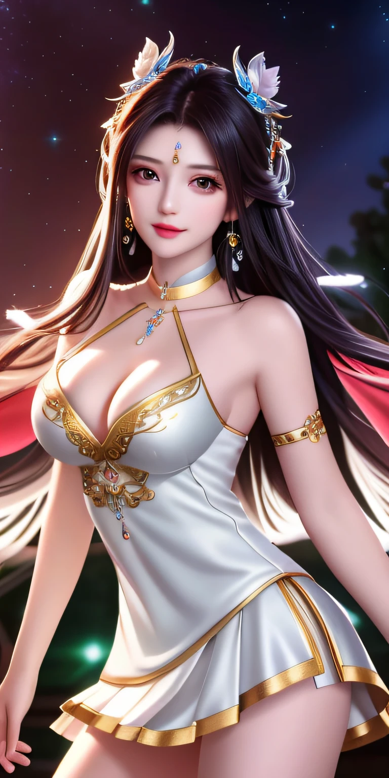 best qualtiy, tmasterpiece, A high resolution, 1girll,Bigchest,huge tit, Clear red silk porcelain dress, beauitful face, hair adornments, looking at viewert, ssmile, Shut your mouth, cparted lips, shift dresses, hair adornments, choker necklace, jewely, long whitr hair, 耳Nipple Ring, beauitful face, upon body, Tyndall effect, hentail realism, Dark Studio, edge lit, twotonelighting, (highdetailskin: 1.2), 8K, Ultra HD, digital SLR camera, softlighting, high high quality, Volumetriclighting, photore, High resolution 4K, 8K, The background is blurred out