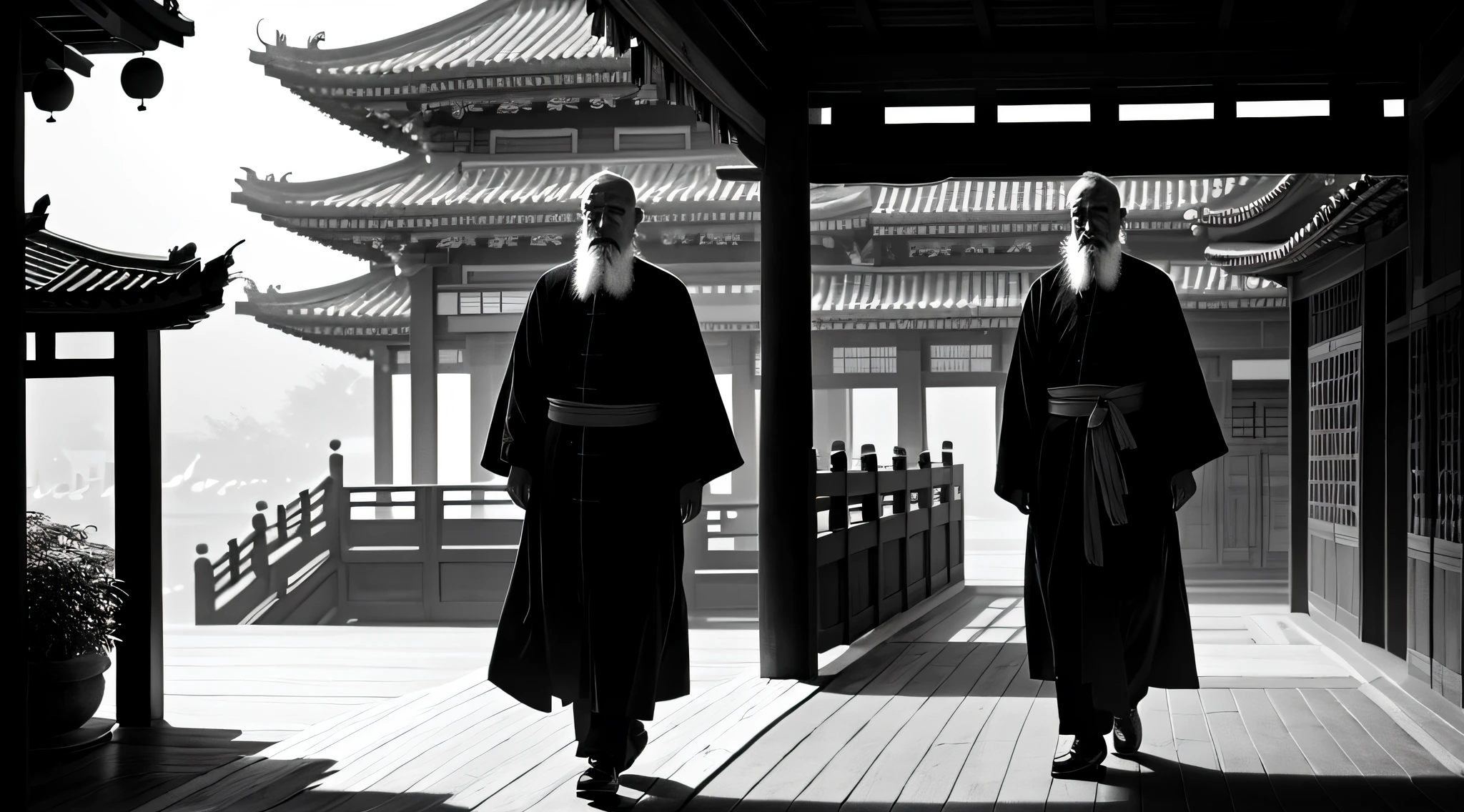 Acáis media, dark ambience, particles in air, sepia portrait of a very old and wise chinese monk, walking in chinese garden, open eyes, wide full body shot, [dressed in white], long hair and beard, detailed clothes features, grainy cinematic photography, old 35mm film, vintage, iconic shot, dramatic soft light, 18k ultra HD, intimate