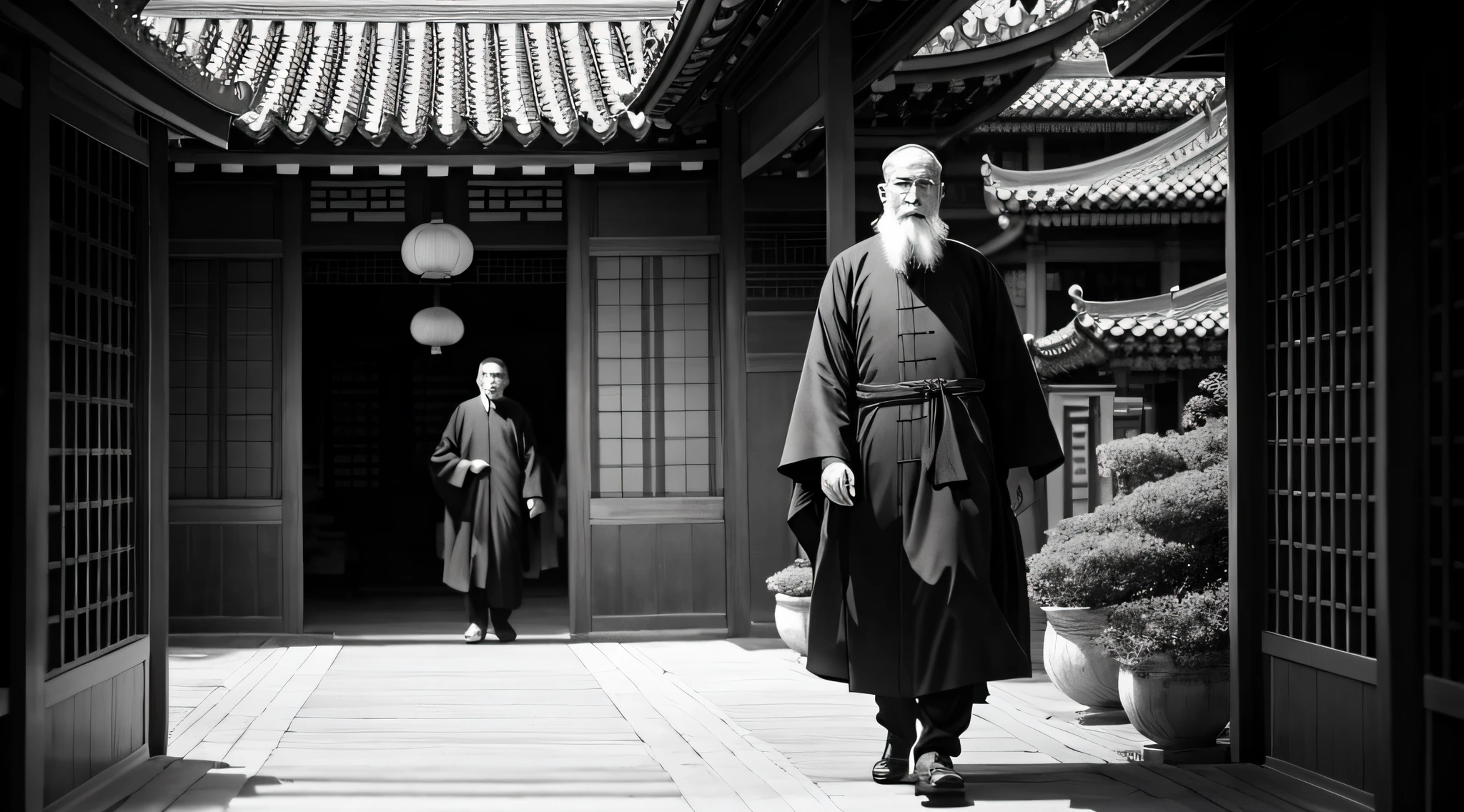 Acáis media, dark ambience, particles in air, sepia portrait of a very old and wise chinese monk, walking in chinese garden, open eyes, wide full body shot, [dressed in white], long hair and beard, detailed clothes features, grainy cinematic photography, old 35mm film, vintage, iconic shot, dramatic soft light, 18k ultra HD, intimate