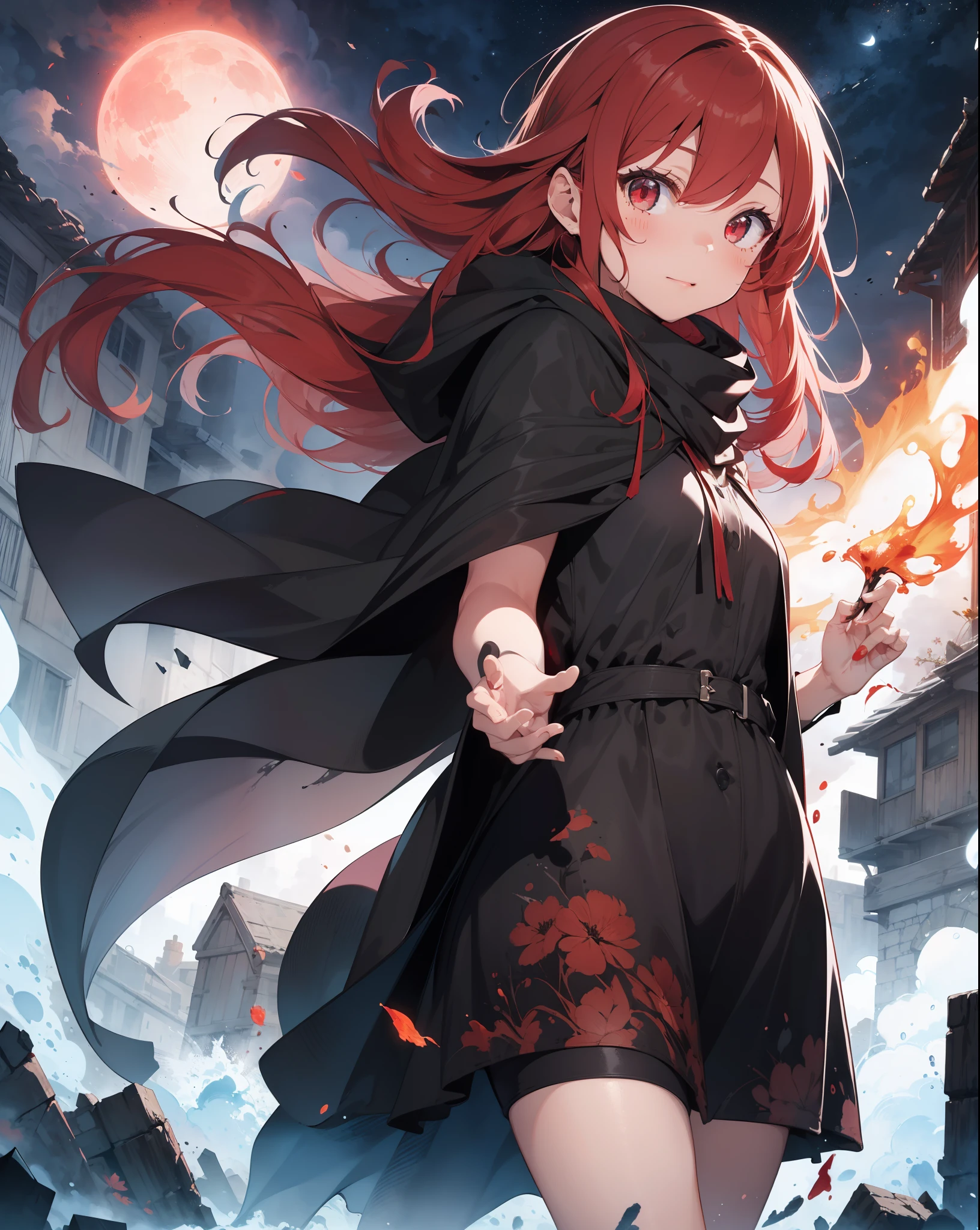 1girl,(red hair)),red eyes,萝,long hair,(loose long hair),((black cloak)),(cape hood),scarf,red moon on the sky,night,floating red flowers falling,upper body,ruins,intense shadows,ash,fire,ice,((Ink wash painting)),((ink splashing)),((color splashing)),