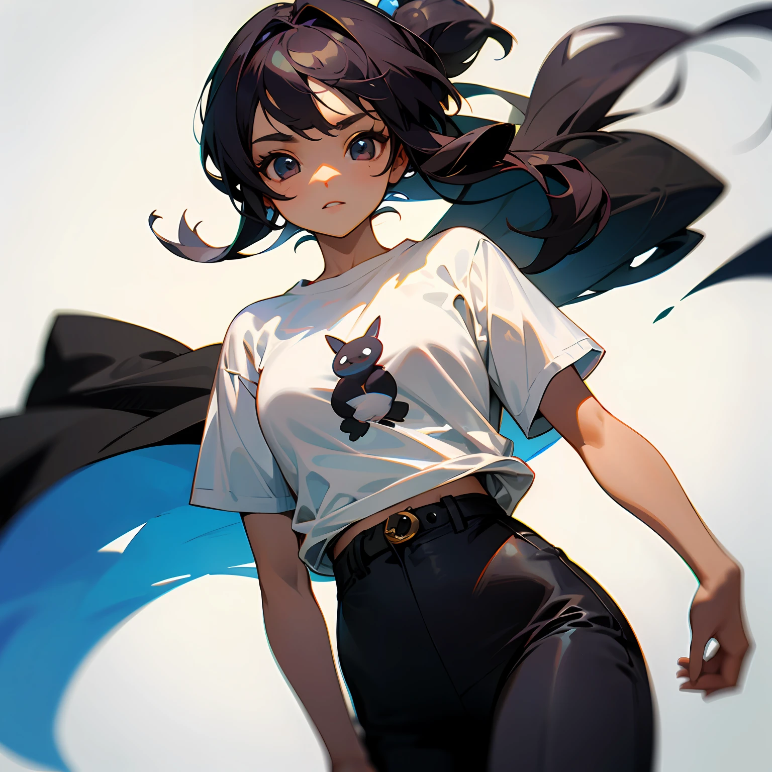 Cria uma garota de cabelo preto, black pants and white t-shirt --auto