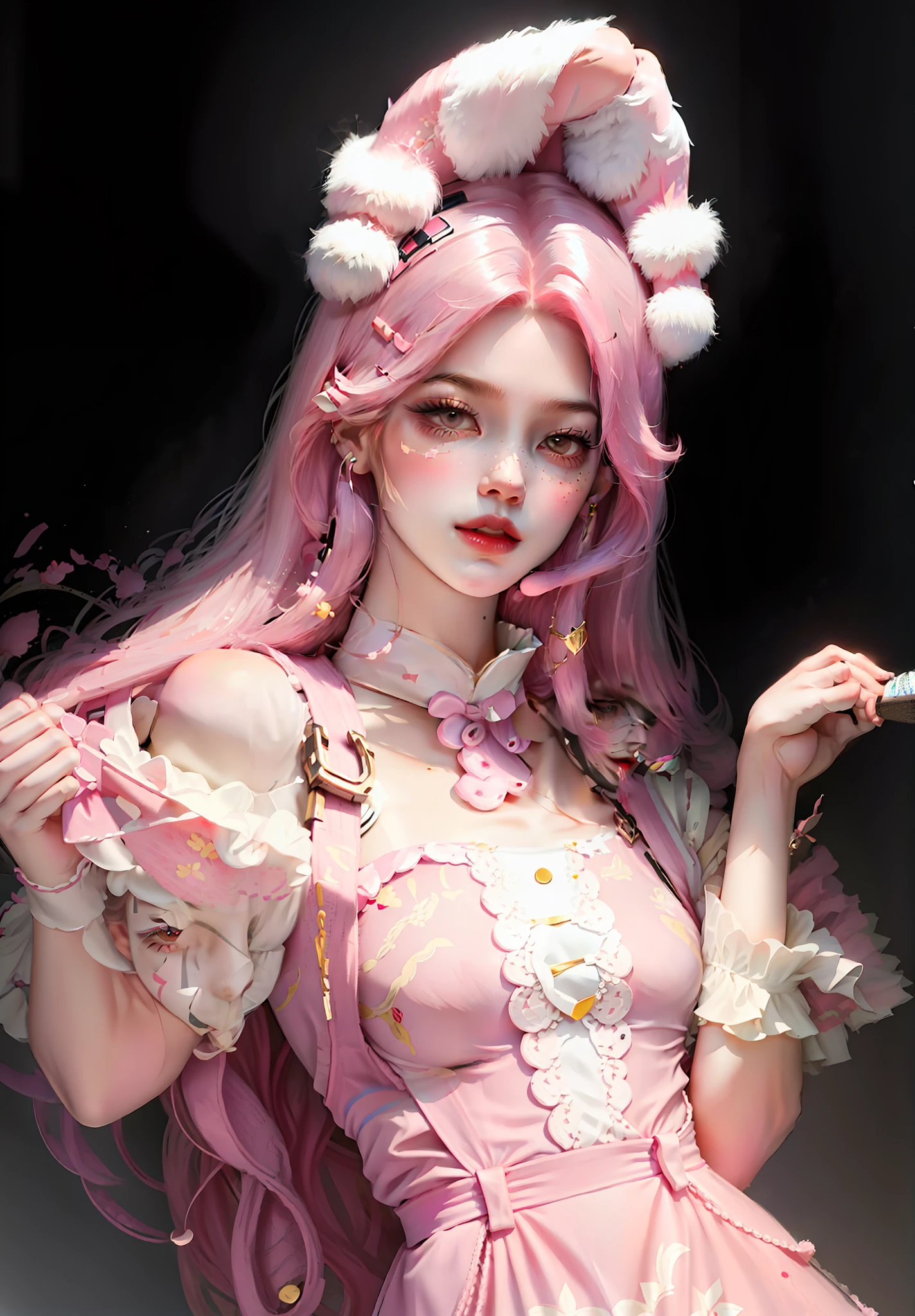Two-dimensional face,Do not open your mouth,Hold the microphone with both hands,The clothes on the chest have a rabbit pattern,Pink legs,white stockings,Pink stage background
