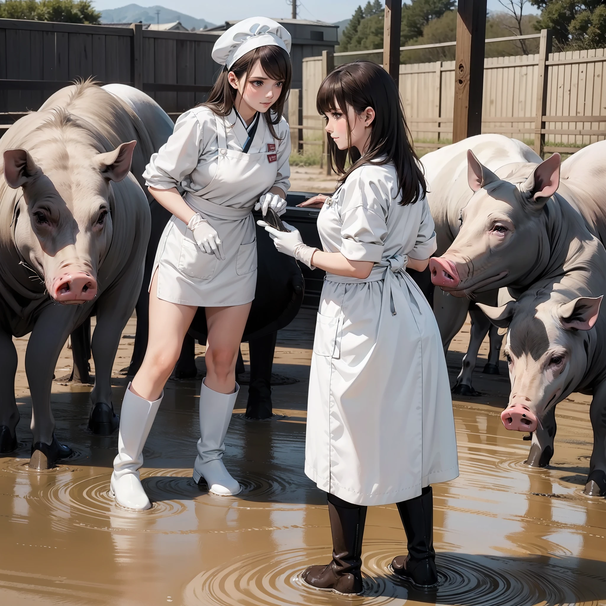 Top image quality、beautfull Japanease woman、Female keeper、Stand and look down、Cheeky and haughty look、glareing、Manteau blanc、White rubber gloves、Rubber Apron、white rubber boots、zoo、livestock、Put your feet on the pig、mud、Dirty rubber boots、bulli、