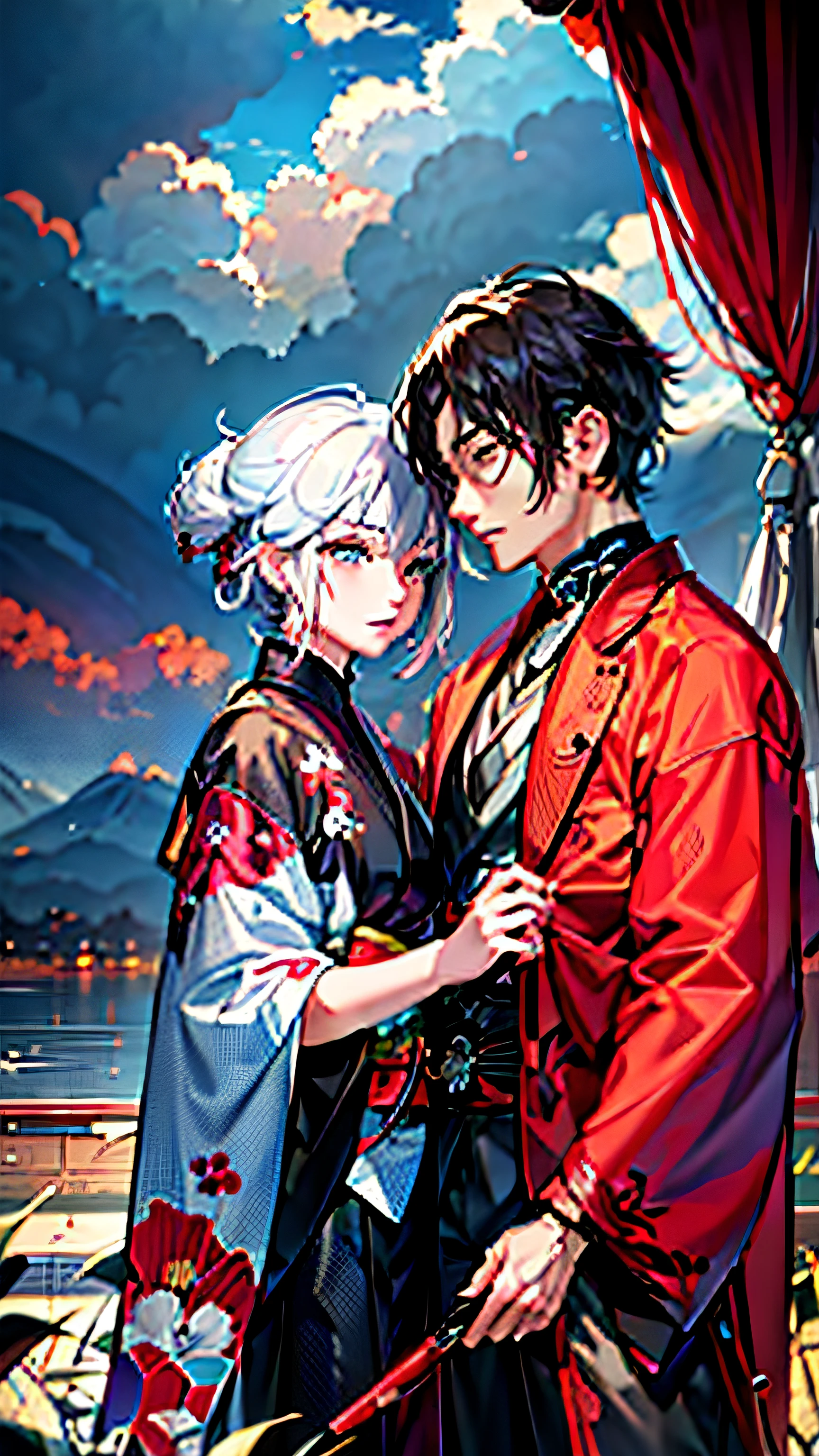 Anime couple in kimono hugging in front of cloudy sky, Guviz, Guviz-style artwork, Guweiz in Pixiv ArtStation, WLOP and Sakimichan, guweiz masterpiece, cute couple, Guweiz on ArtStation Pixiv, style of anime4 K, 4k manga wallpapers, High-quality fanart