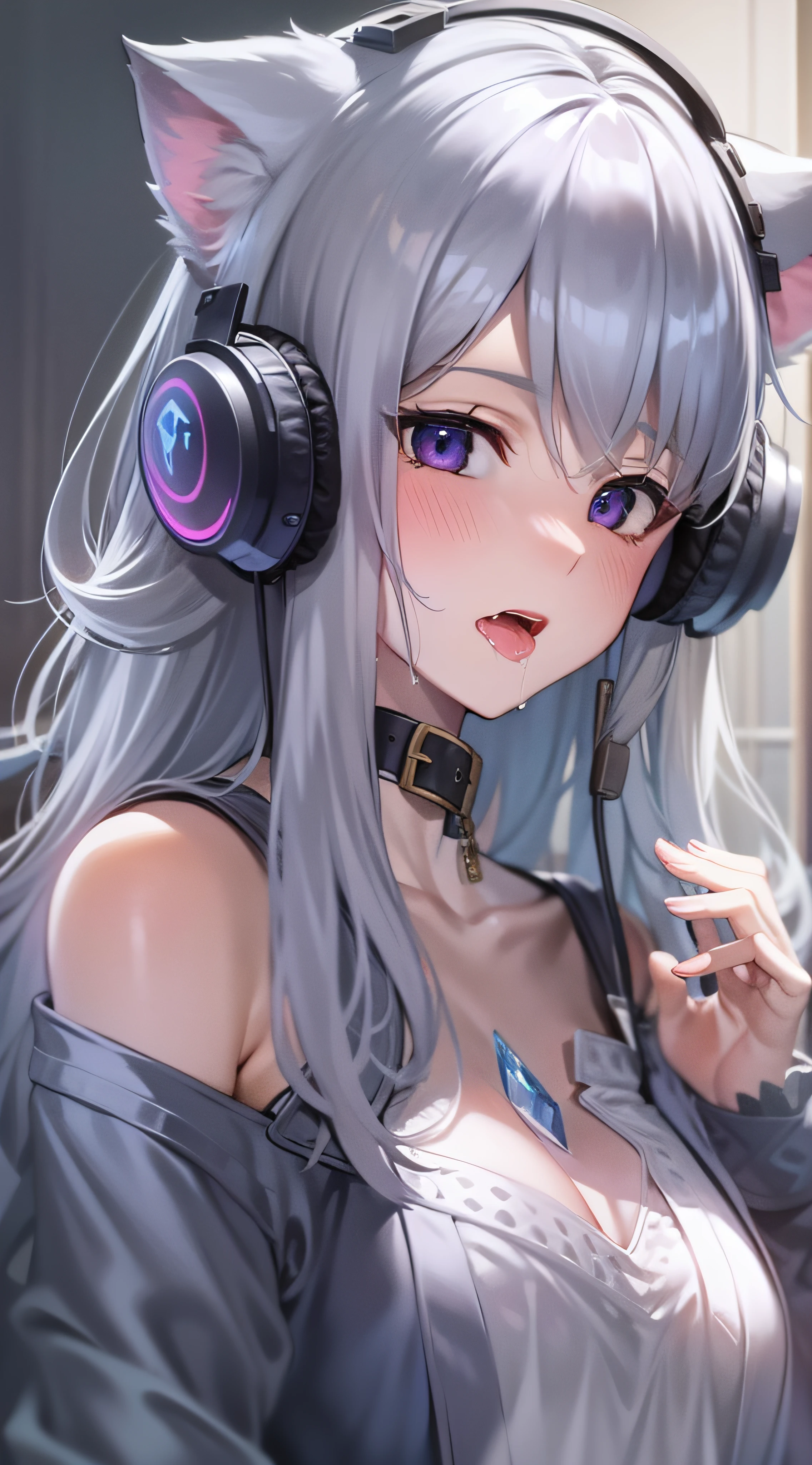 Silvery hair, Gradient hair, Asymmetrical hair, hair between eye, crossed bangs, Separate bangs, Very long hair, asymmetricalbangs, crystal hair, expressive hair, Hairline, hair splayed out, Take off the mask, Gradient eyes, Water-colored eyes, Purple eye, headphones with cat ears, with her mouth open, Be red in the face, moaning, Heavy breathing, Saliva drawing, JK costumes, Lie on the bed with your hands outstretched, high detal, style of anime, Ray traching, motionblur, closeup cleavage, Seven-doppelganger shot，Shot above the calf， UHD, tmasterpiece,acurate、super detailing、high detal、high qulity、anatomically correcte、best qualtiy、A high resolution、16k