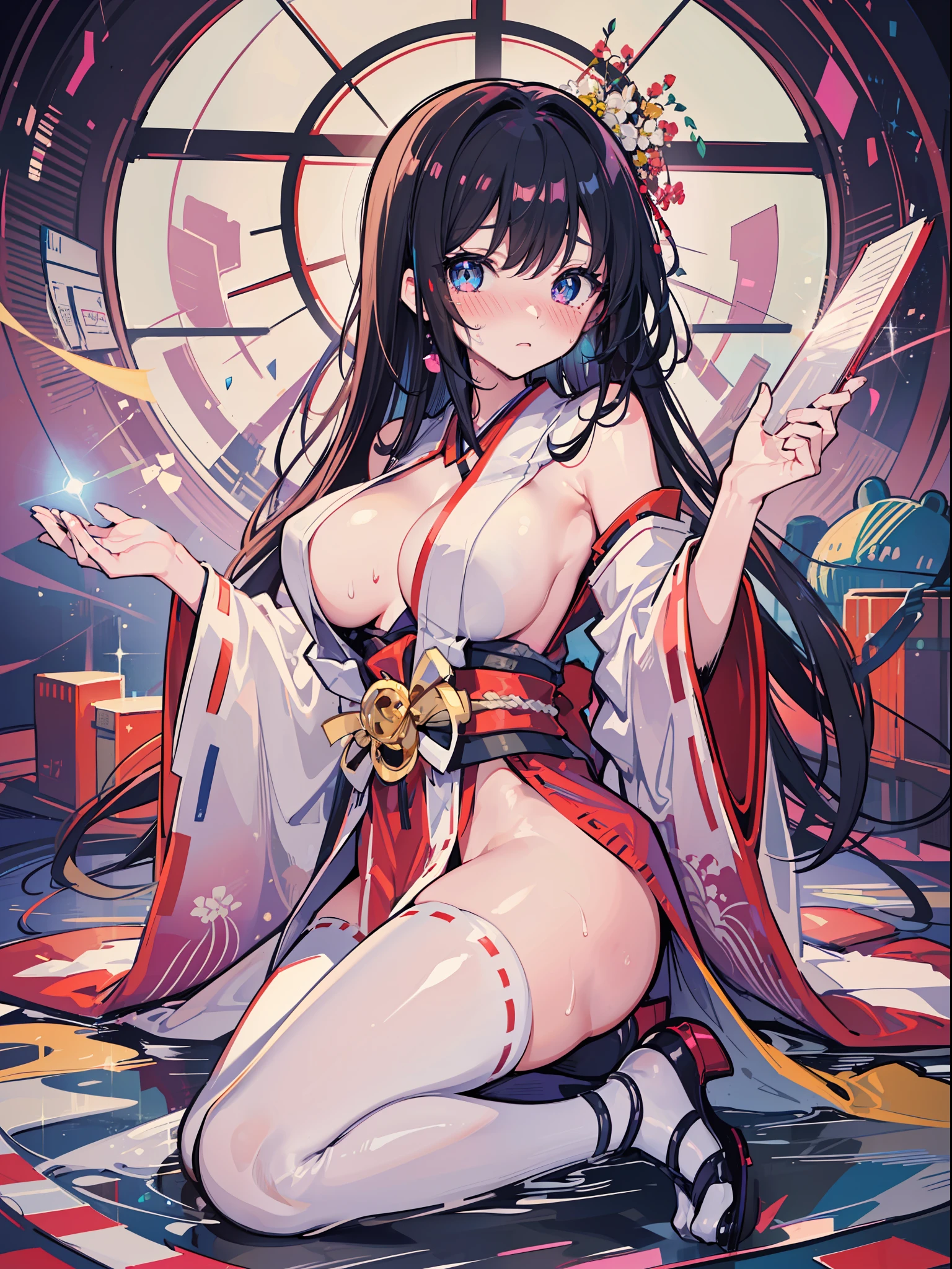 ((masterpiece)), ((Best Quality)), (Ultra-detailed), ((kawaii)), Cute, (lovely), ((Sexy)), (Ero:1.3), ((Extremely detailed)), 4K, (8K), Best Quality, (Beautiful), Illustration, Anime style, Painting, Dynamic Angle, Cowboy Shot, from wildcard, Drama-style Japanese-style room, (Poses for erotic photo albums), Gradation, full body focus, Cute s, 1girl in, Solo, Japanese miko costume, black hair, Beautiful random colored eyes, ((Beautiful eyes)), White-skinned, Random hairstyle, Buttocks, (Colossal tits), (Ashamed), Troubled expression, (red blush:1.3), Sweat, sparkling effect, Lens Flare, shiny-glistening, gleaming