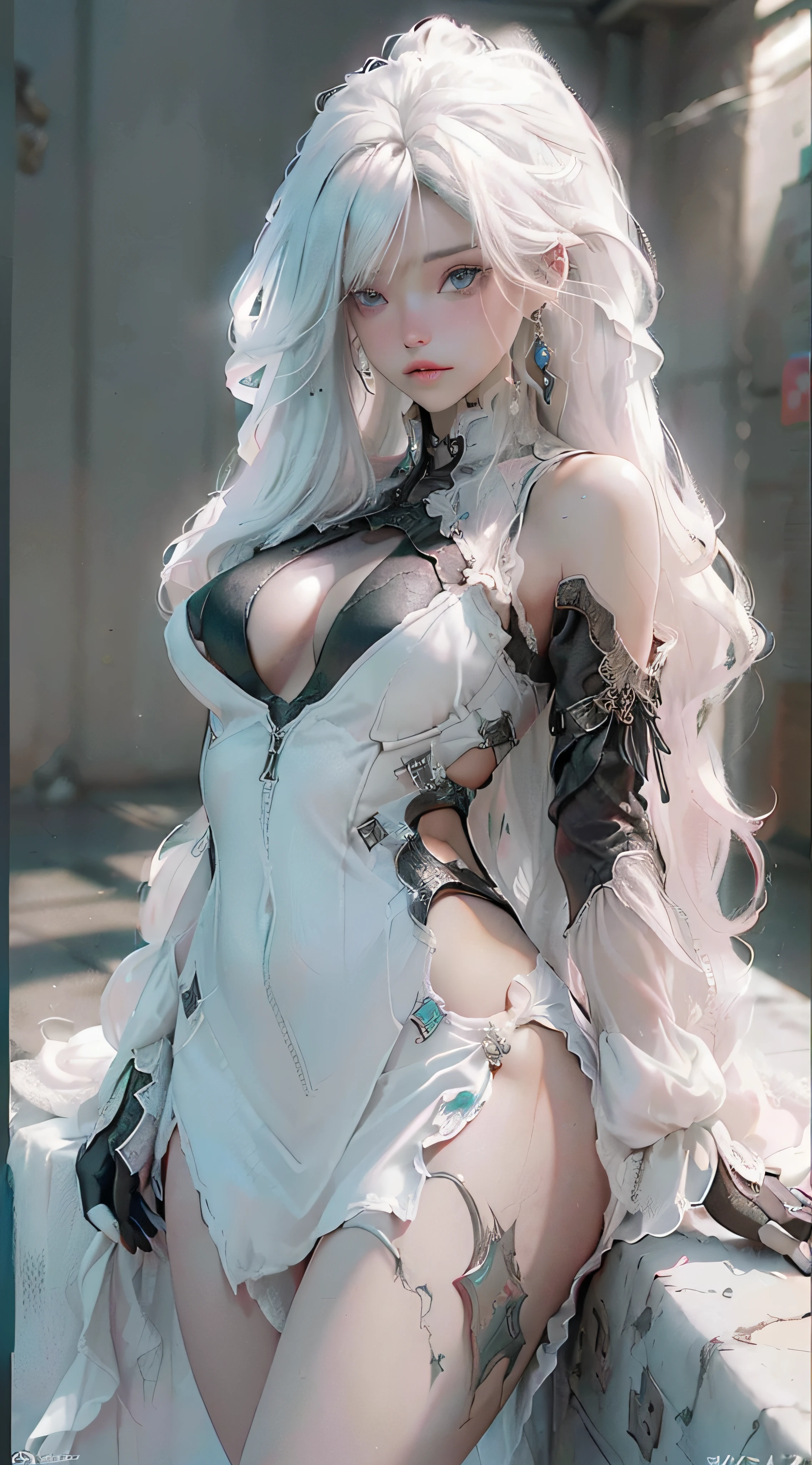 (Mejor calidad), ((Obra maestra), (Detalle: 1.4), 3D, Una hermosa mujer, HDR (High Dymanic Range), trazado de rayos, NVIDIA RTX, superresolución, Unreal 5, Sub-Surface Scatterring, texturas PBR, posprocesamiento, Anisotropic filtering, profundidad de campo, Maximum Sharpness and Clarity, texturas multicapa, mapas de albedo y resaltado, sombreado de superficie, Accurate simulation of light-material interactions, proporciones perfectas, octanaje renderizado, luz de dos colores, gran apertura, ISO bajo, balance de blancos, regla de tercios, 8K RAW, realista, (pelusa digna, proporciones perfectas, ojos brillantes, pink and moist lips), cabello blanco, Cold storage, ojos agudos, flores, (obra maestra, realista, high resolusion), ((cabello largo ondulado blanco): 1.3), ((pechos muy grandes)): 1.5, cintura delgada: 1.2, muslos estrangulados: 1.3, fair moist skin) escasa ropa (ropa interior),((pechos enormes))