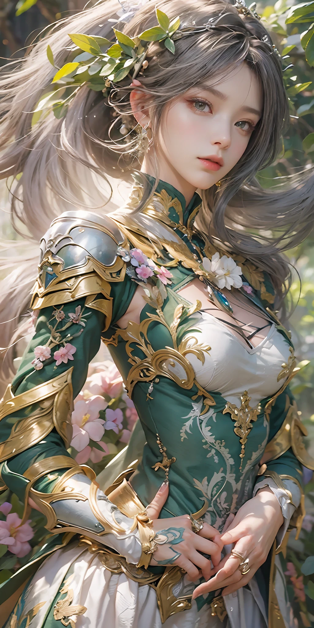 (Close-up Shot Shot),Super close-up,A woman who is,Wearing a green dress,Cheng Weipan Art Station,Xiuxian sense of technology,Green vines,Gauze sleeves,detailed fantasy art,Stunning character art,Epic and refined character art,Beautiful armor,Extremely detailed artistic germination,Detailed digital anime art, Artgerm on the art station Pixiv,Armor Girl,Exquisite and intricate headwear and jewelry