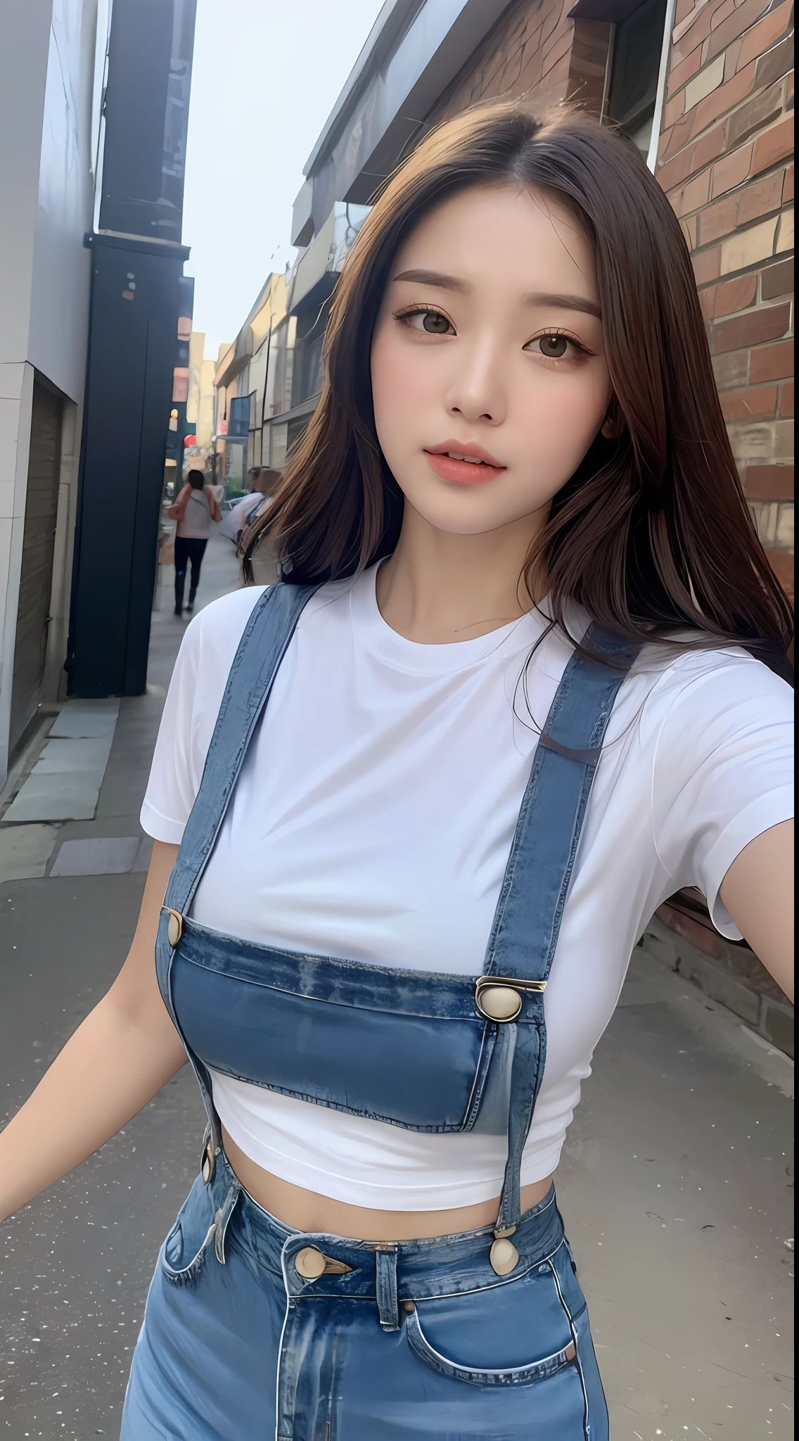 (Daytime, Excellent, 8K, Masterpiece:1.3)), Full body, Long legs, Focal length: 1.2, Perfect Body Beauty: 1.4, Slim Abs: 1.1, ((Dark Brown Hair, Big Breasts: 1.2 )), (White Skinny T-shirt, Denim Suspenders, Standing: 1.2), ((City, Blue Sky and White Clouds: 1.3)), Highly detailed face and skin texture, Detailed eyes, Double eyelids, Flying long hair