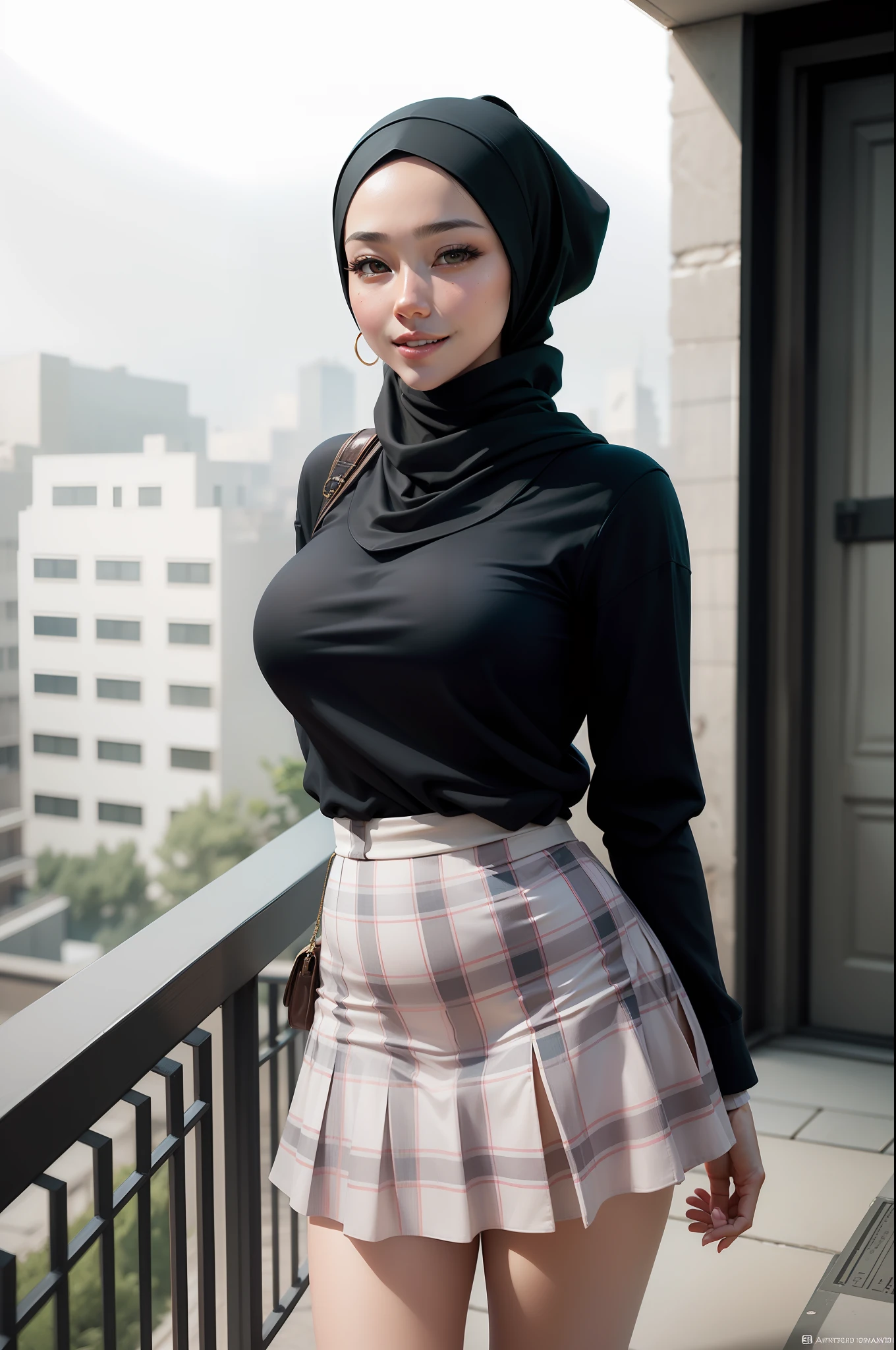 Live images, photo realistic, realistic, beautiful japanese woman in hijab, happy smile, earrings, very big breasted woman, cleavage, sexy ass, Sexy, shining beautiful white face, beautiful face, pink cheeks, beautiful lips, porcelain skin, detail intricate, super detailed, super high, supreme detailed, high detailed, delicate, incredible detailed, fine detailed, cinematic lighting, top quality, masterpiece, smooth and beautiful, CG, unity, 8k wallpaper, Stunning, fine detail, unity CG wallpaper 8k high detail, large file size, super detailed, high resolution, amazing detail, oil painting effect in Rembrandt art style, portrait concept art in Stanley Artgerm Lau style, WLOP, trending on Artstation, epic, trending on cgsociety, Detailed digital painting, very high quality model, looking at the camera