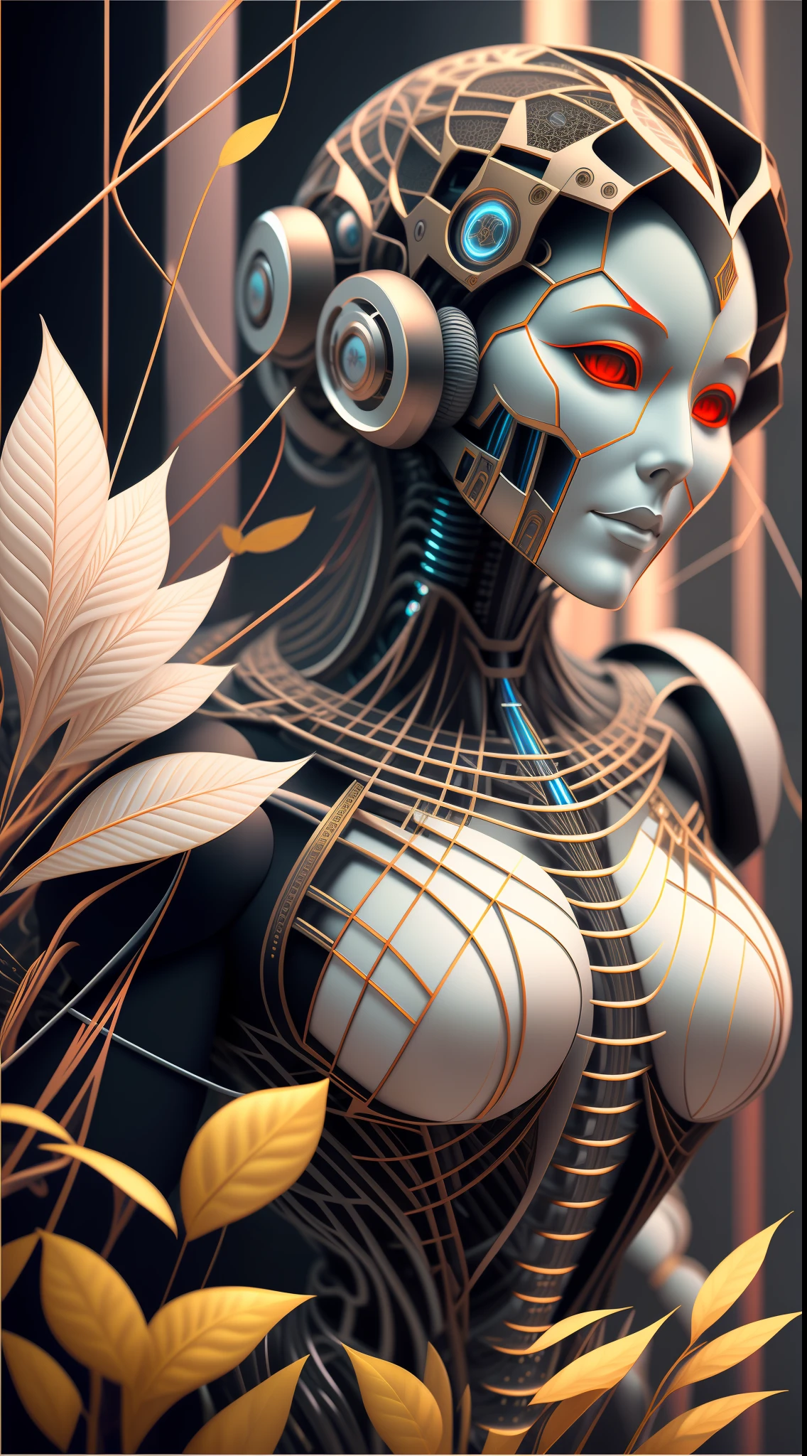 Nousr Robot, sophisticated 3D rendering with ultra-detail of the beautiful angel of death, biomechanical cyborg, analog, 150mm lens, Beautiful natural soft light around the edges, large leaves and stems, roots, fine foliage lace, colorful details, samurai, Costume by Boris Bijan Saberi, pearl earring, piercing, Art Nouveau embroidery, intricate details, mesh wire, mandelbrot fractal, anatomical, facial muscles, cable wires, microchip, bully, A hyper-realistic, Ultra-detailed, Octane rendering, voluminous lighting, 8k post-production, red and white with a hint of black, Detailed metal bones, half-human, iridescent colors, Glenn Brown style, The White Room, The Power of God, foreshortening, Difficult poses