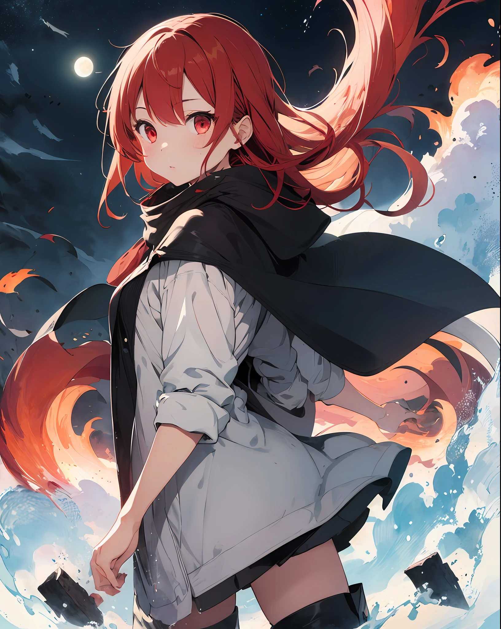 1girl,(red hair)),red eyes,obungaskr你就是个机八,long hair,(loose long hair),((black cloak)),(cape hood),scarf,(black boots),red moon on the sky,night,floating red flowers falling,upper body,ruins,intense shadows,ash,fire,ice,((Ink wash painting)),((ink splashing)),((color splashing)),