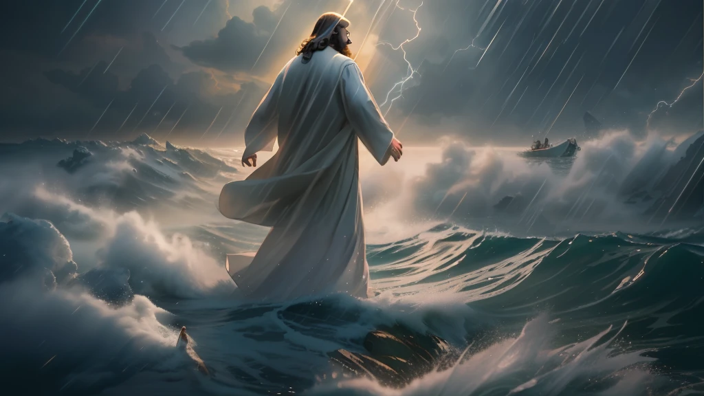 jesus walking on water in a storm, masterpiece, best quality, high quality, extremely detailed CG unit 8k wallpaper, award winning photography, Bokeh, Depth of Field, HDR, bloom, Chromatic aberration, photorealistic, extremely detailed, trending on artstation, trending on CGsociety, intricate, high detail, dramatic, mid-journey art, volumetric lighting