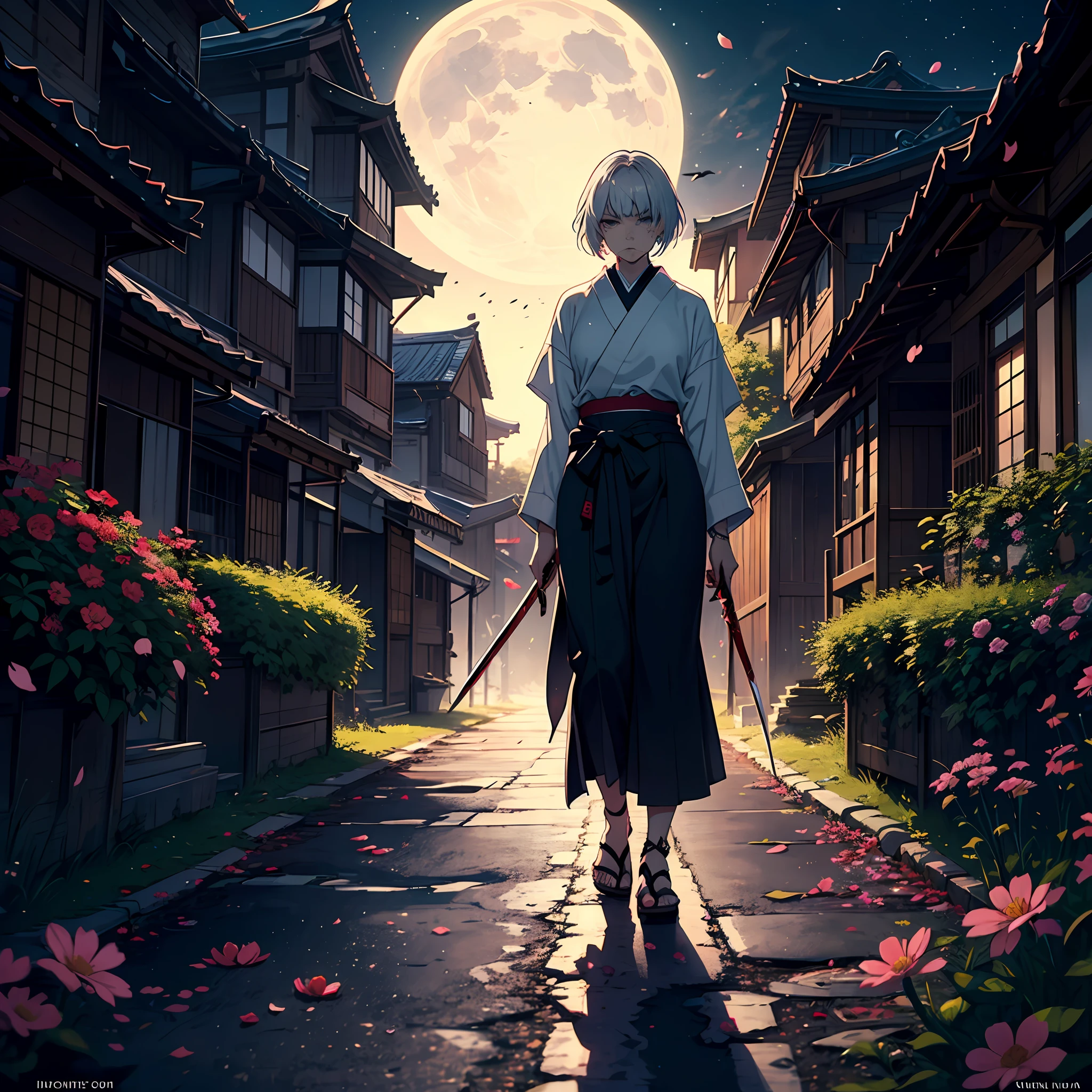 Strong female, angry, blood stains, scars, green eyes, short silver hair, tattoo, samurai, holding bloody katana sword, looking at the village, masterpiece, blood, night, flower petals, overlooking Japanese houses, full body, cinematic light, moonlight shining on people, 8K, low angle