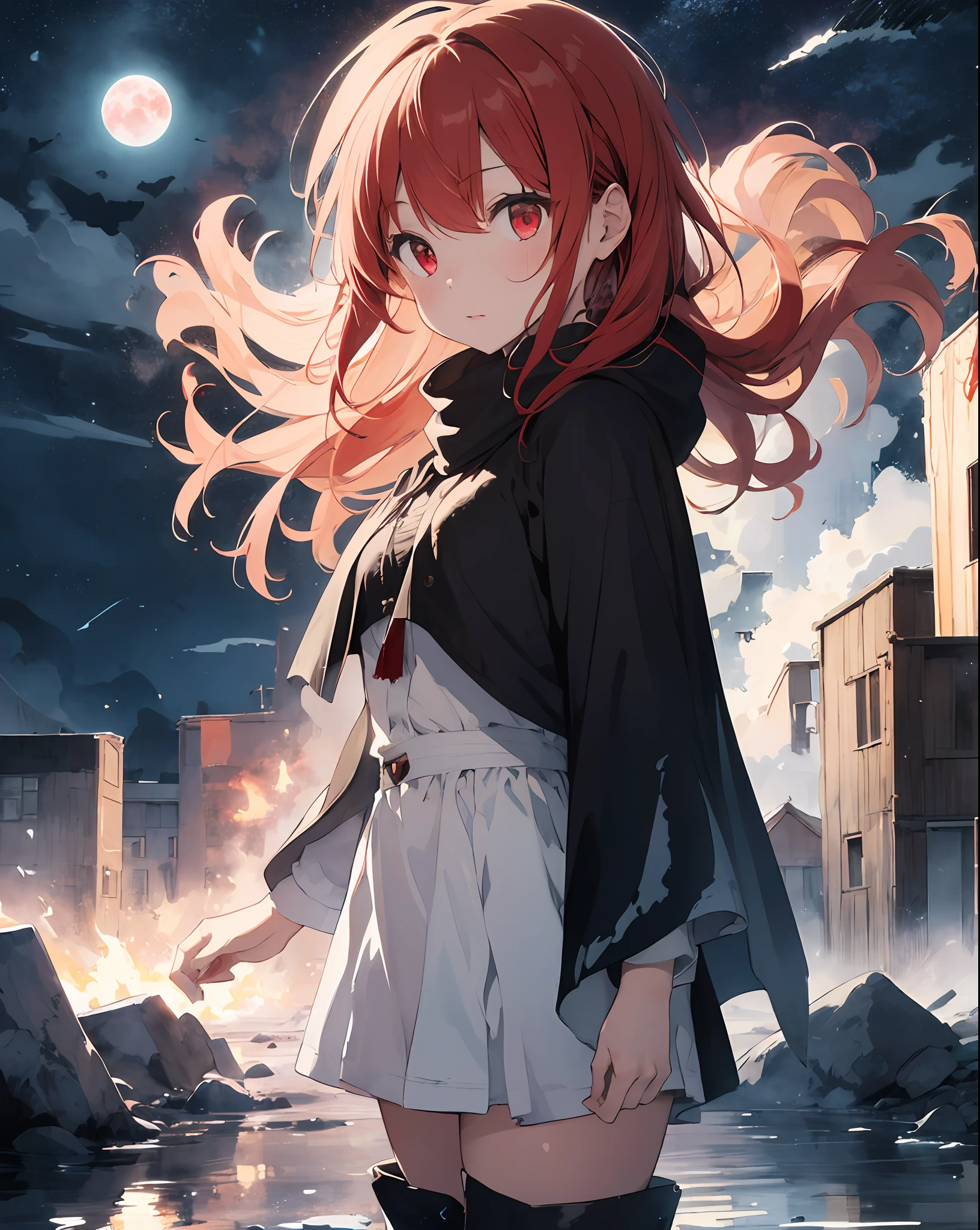 1girl,(red hair)),red eyes,obungaskr你就是个机八,long hair,(loose long hair),((black cloak)),(cape hood),scarf,(black boots),red moon on the sky,night,floating red flowers falling,upper body,ruins,intense shadows,ash,fire,ice,((Ink wash painting)),((ink splashing)),((color splashing)),