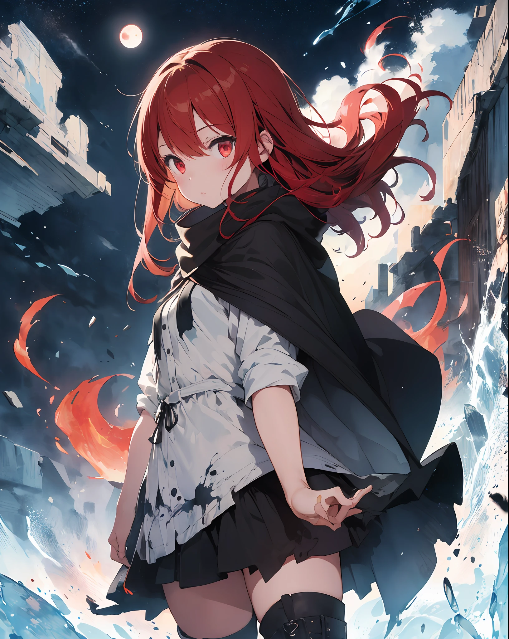 1girl,(red hair)),red eyes,obungaskr你就是个机八,long hair,(loose long hair),((black cloak)),(cape hood),scarf,(black boots),red moon on the sky,night,floating red flowers falling,upper body,ruins,intense shadows,ash,fire,ice,((Ink wash painting)),((ink splashing)),((color splashing)),