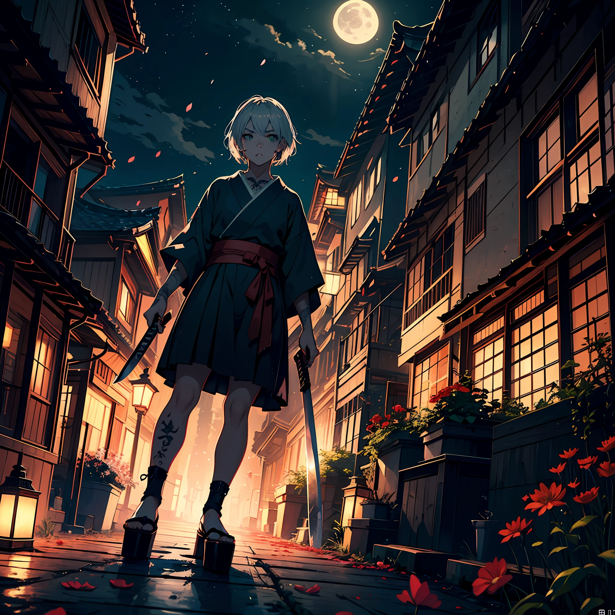 Strong female, angry, blood stains, scars, green eyes, short silver hair, tattoo, samurai, holding bloody katana sword, looking at the village, masterpiece, blood, night, flower petals, overlooking Japanese houses, full body, cinematic light, moonlight shining on people, 8K, low angle