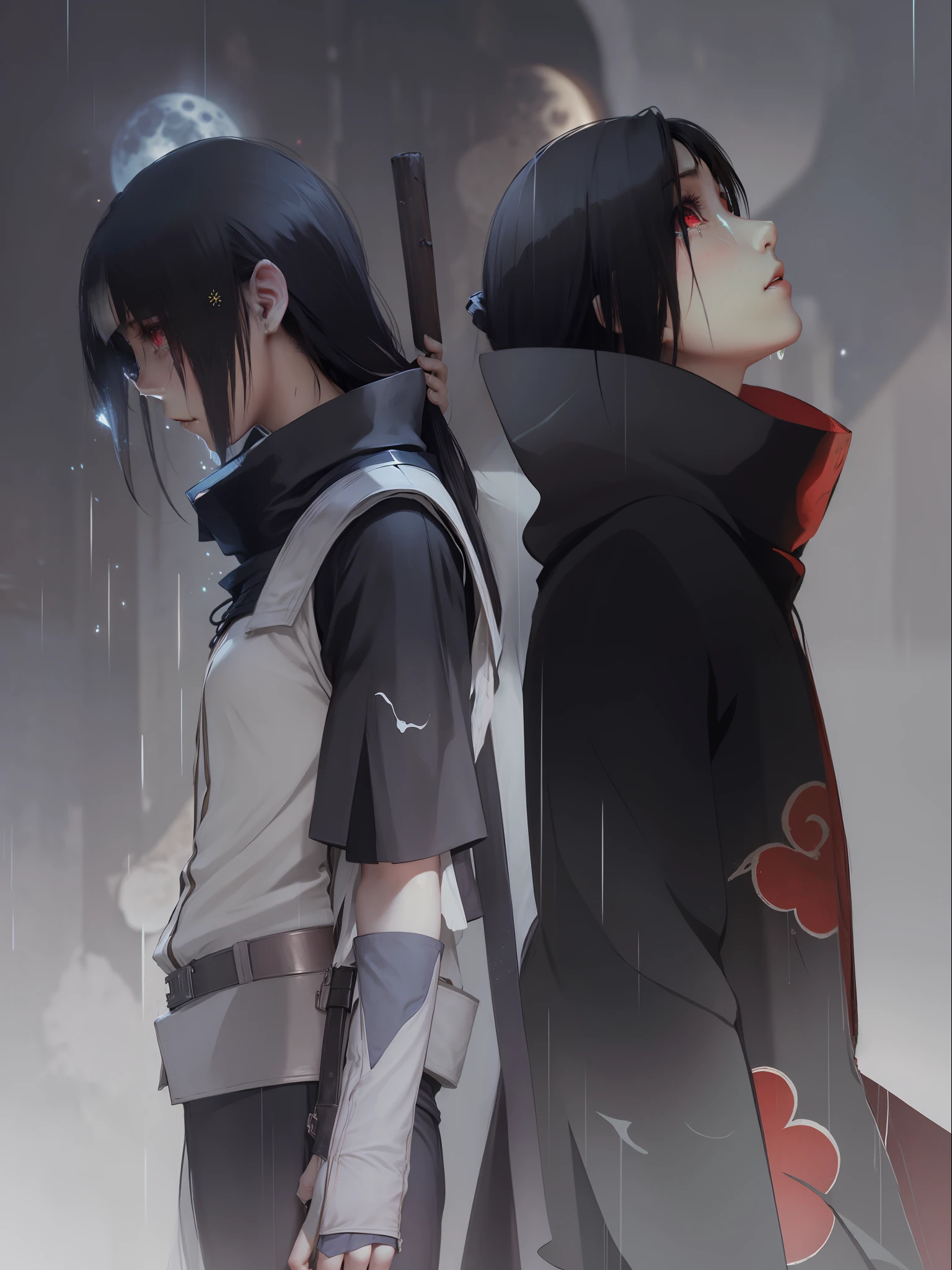 Bright moon,Hands wiped away tears,bloody red eyes