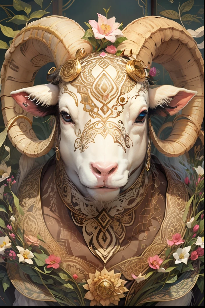 offcial art，统一 8k 壁纸，ultra - detailed，Beauty and aesthetics， beautiful，tmasterpiece，Best quality at best，（zentangle，datura，Tangles，entangled），（ of flower：1.2）dynamic angle，cow boy shot，The most beautiful form of chaos，ellegance，Fauvistdesign，vivd colour，romanticism lain，atmospurate，pecora，Sheep's head，Clear pattern，Sheep bleating，Pattern，the detail，flawless perfection --auto