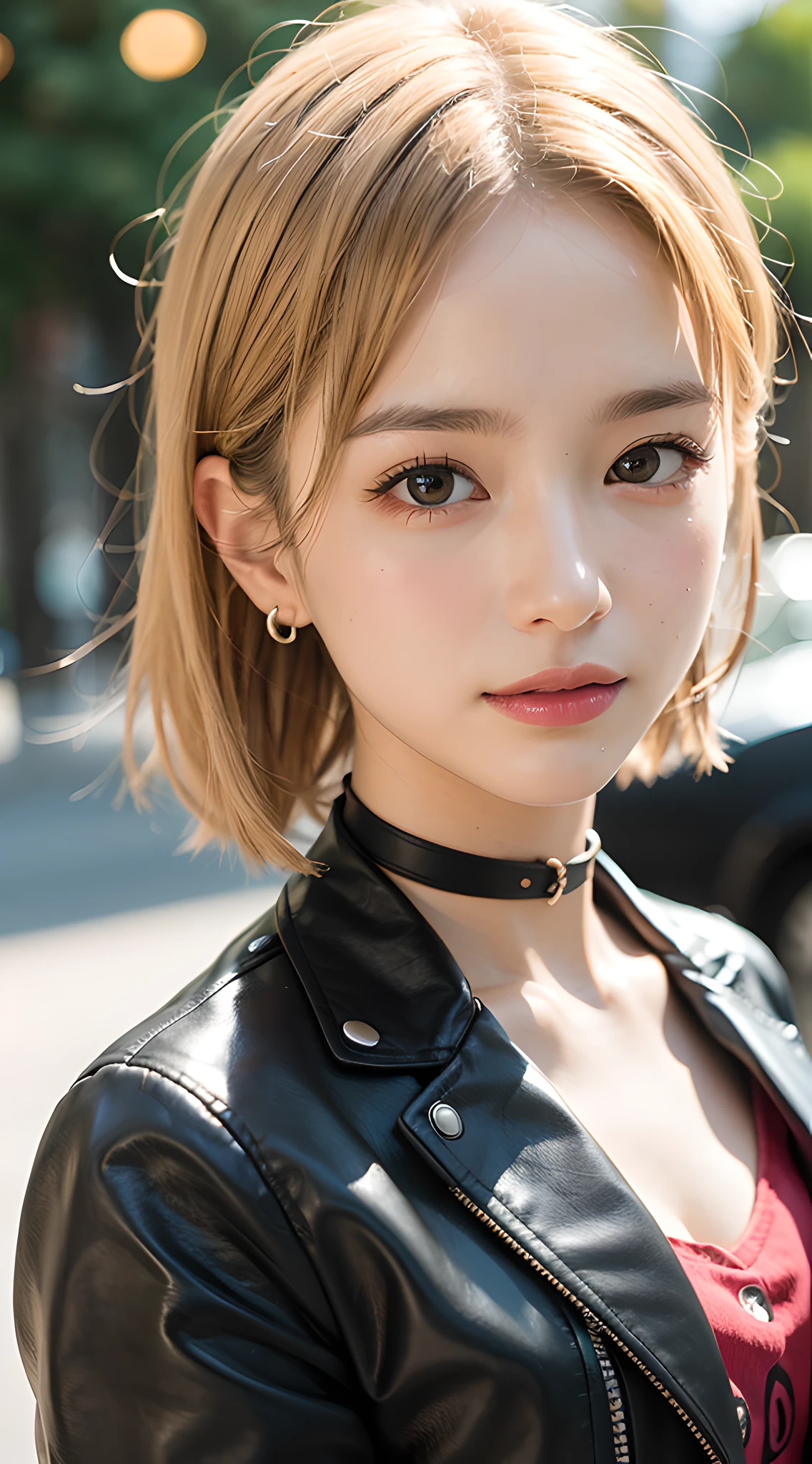 (masterpiece, best quality:1.5), (punks, black short riders jacket, long sleeve, choker, street, looking at viewer, close up face:1.3), blonde short hair, (violaceaess, gardeniass, delicate girl, sophisticated, 8k, 85mm portrait, official art, raw photo, absurdres, large breasts, cinch waist:0.8), smile, (red shirt, earrings, redish pink lips:1.0), (facelight, clear lighting, cinematic shadow, sharp focus:0.8), bokeh background, detailed eyes and face