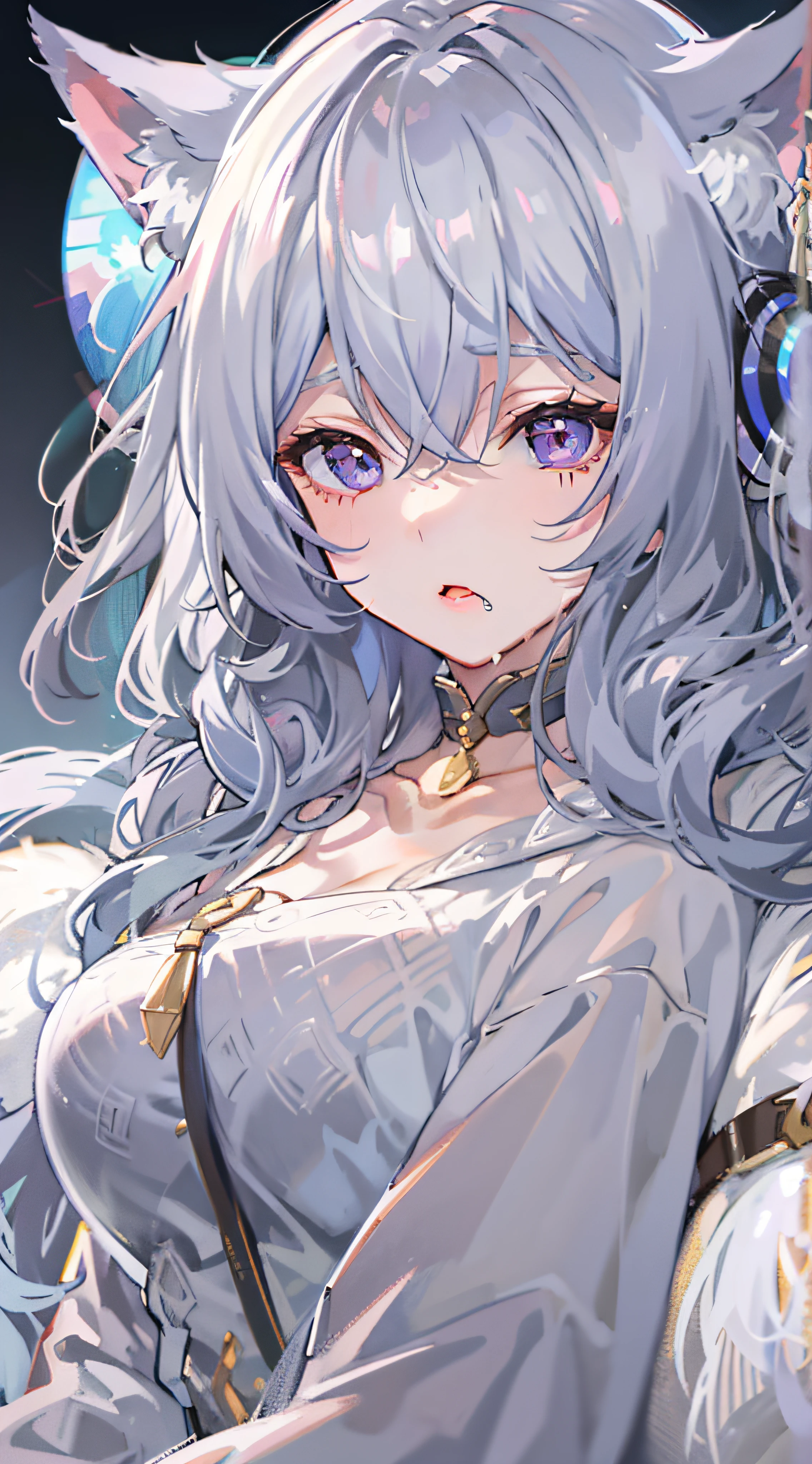 Silvery hair, Gradient hair, Asymmetrical hair, hair between eye, crossed bangs, Separate bangs, Very long hair, asymmetricalbangs, crystal hair, expressive hair, Hairline, hair splayed out, Take off the mask, Gradient eyes, Water-colored eyes, Purple eye, headphones with cat ears, with her mouth open, Be red in the face, moaning, Heavy breathing, Saliva drawing, JK costumes, Lie on the bed with your hands outstretched, high detal, style of anime, Ray traching, motionblur, closeup cleavage, Seven-doppelganger shot,Shot above the calf, UHD, tmasterpiece,acurate、super detailing、high detal、high qulity、anatomically correcte、best qualtiy、A high resolution、16k