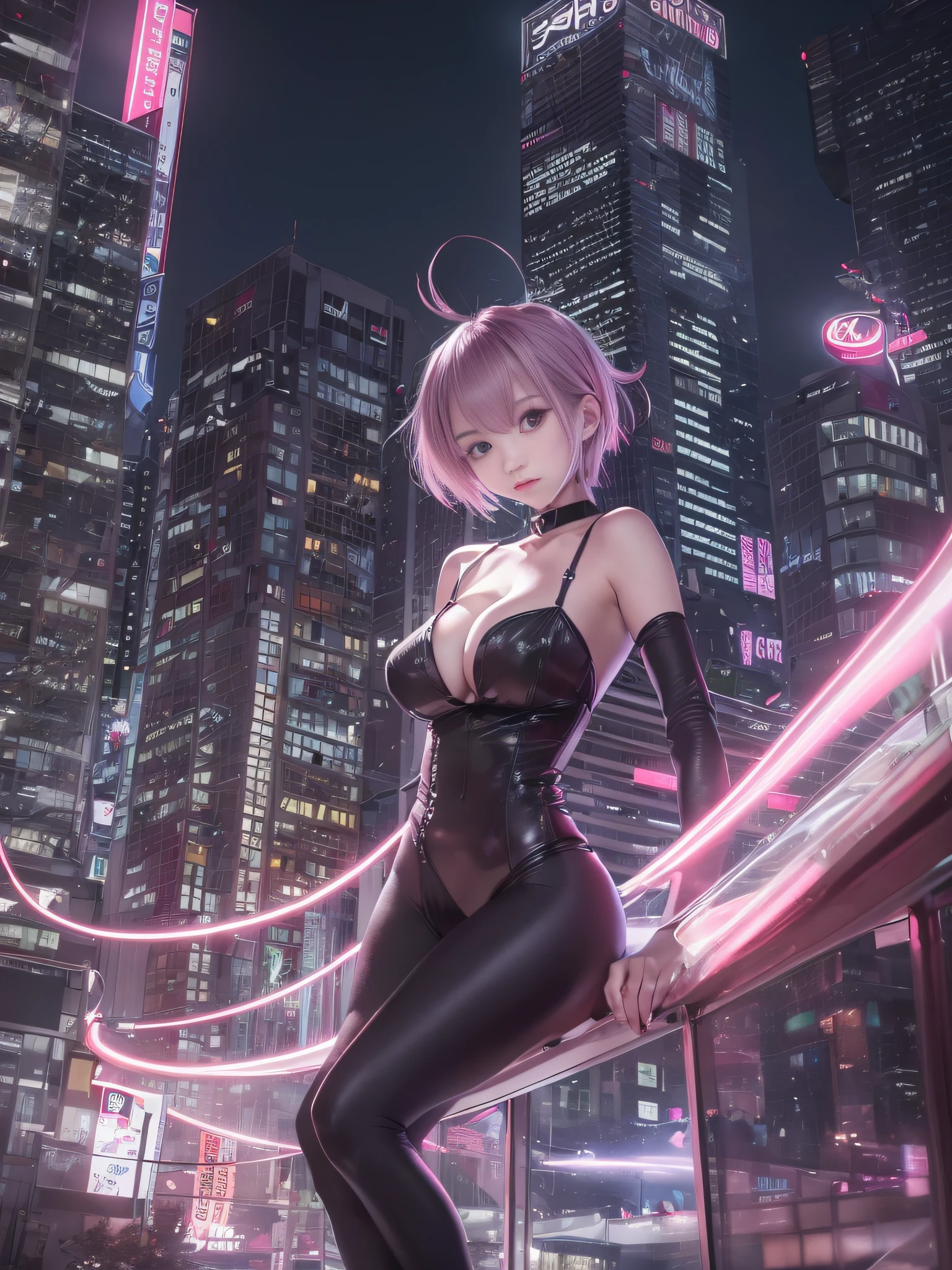 8K,top-quality、超A high resolution、女の子1人、Futuristic bodysuit、Black Choker、(huge-breasted:1.2)、high-heels,, Pink short hair, Upper body black swimsuit, Photo, background is city at night,Live action,japanes,独奏,Beautiful expression,Wearing black stockings,highrise buildings,The average face of an Japan idol,slender and slender legs,sitting on,Legs open with knees bent,skyrocket,Lighting from above at an angle,mouth ajar,droolng