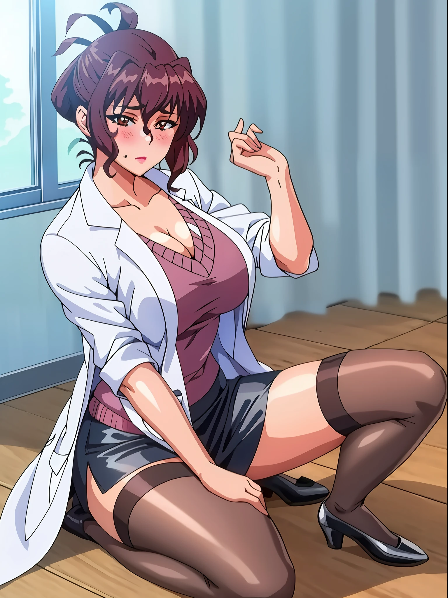 (beautiful hand:1.2), (masterpiece, best quality:1.3), Aiko Katsuragi, mature female, (full body shot:1.05), milf, 1girl, anime face, doctor, labcoat, short pencil skirt, (thighhighs:1.05), highheels, makeup, large breasts, lipstick, brown eyes, folded ponytail, brown hair, cleavage, perfect body, (athletic body:1.3), perfect eyes, perfect retina, anime eyes, eyeliner, eyeshadow, perfect face, (caring look:1.1), look at viewer, blush, high sharpness, sharp focus, medical room, professional artwork, intricate details, vivid colors, Diffused lighting, digital blending, ultra detailed body, ultra detail hair, ultra detail face, trending on pixiv