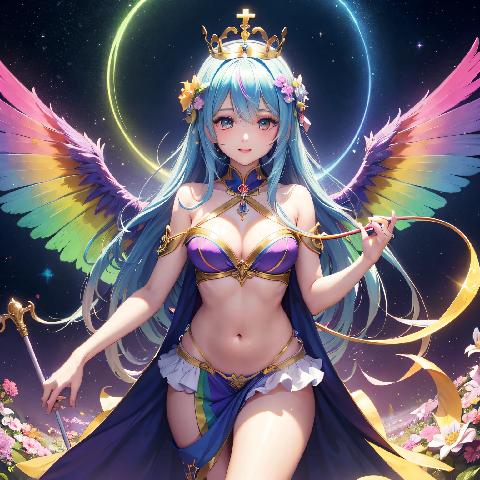 personification femele hposing Gravure Idol a beauty girl Mystical Fictional creatures chimera brightly colored wings Soio Have a long cane Clean cane
Graceful posture
Crown of flowers
Wearing rainbow lights
Cross the Rainbow Bridge
Symbol of beauty and harmony
Music and Dance
Connection with nature
The beauty of the rainbow
Symbol of peace and happiness