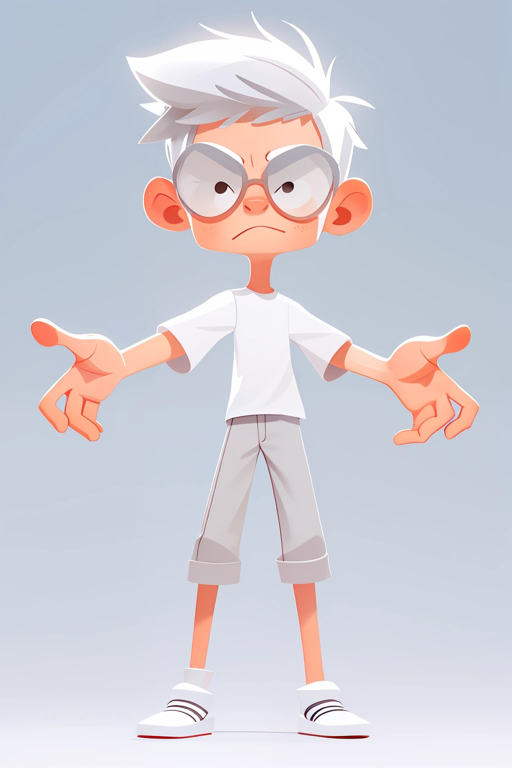 thin and tall man short silver hair, , looking at the viewer, smale, side viewer, cartoon, 2d, open arms , high brightness , detailed face, White background