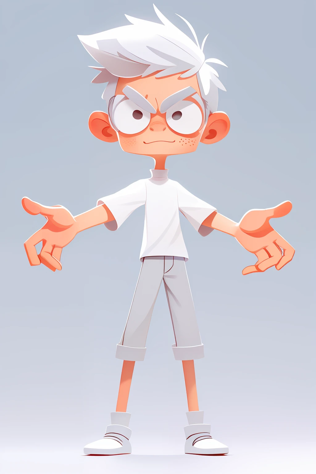 thin and tall man short silver hair, , looking at the viewer, smale, side viewer, cartoon, 2d, open arms , high brightness , detailed face, White background