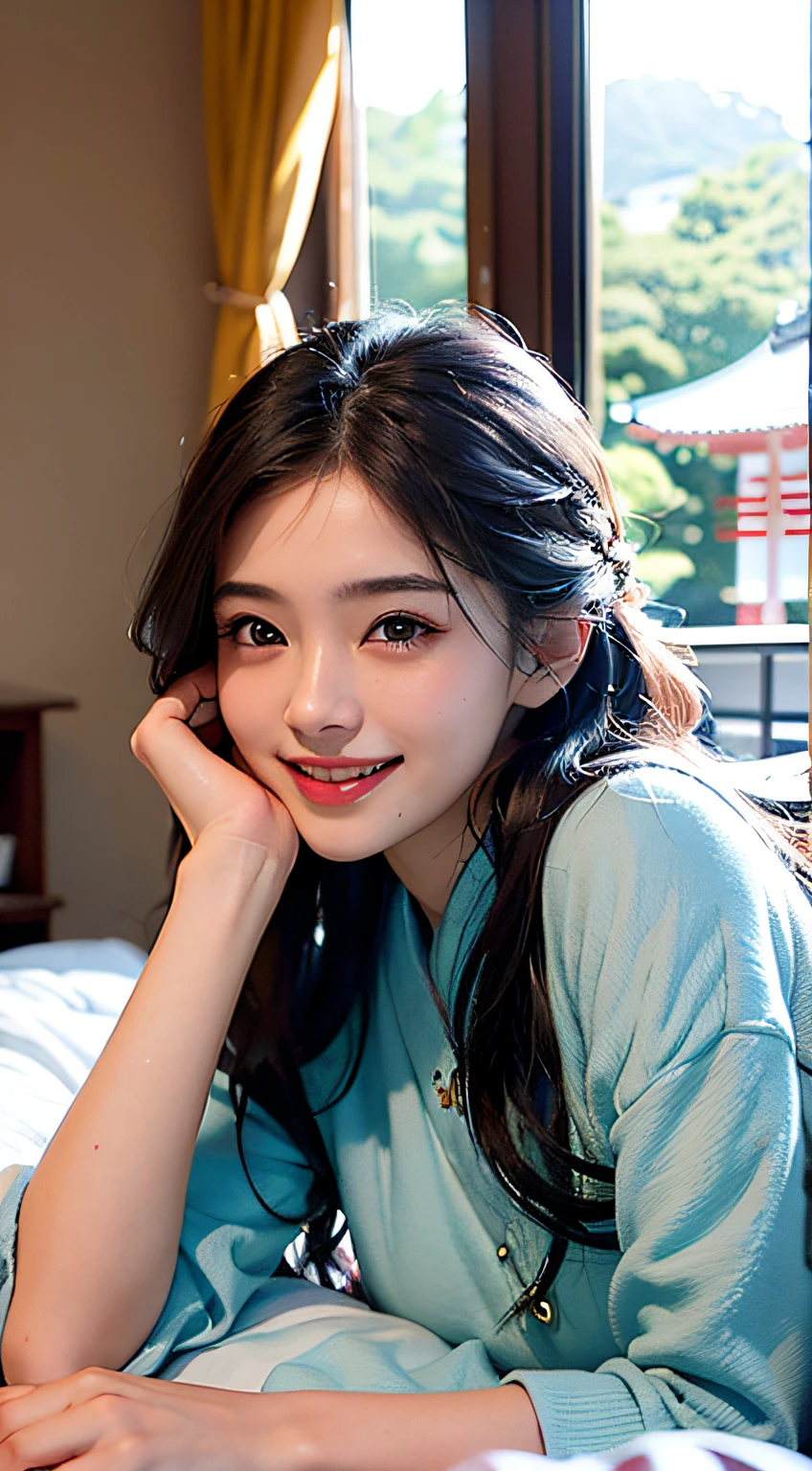 best qualtiy、​masterpiece、photoRealstic、intricate-detail、Raw foto、Photon Rendering、Octane Rendering、absurderes、ultra-detailliert、A detailed face、Detailed skin、Trending in art stations、8K Masterpiece、lighting like a movie、( (1girl in))、((独奏) ))、CG Social Trends、Plastic En、((Black Long Hair))、((Beautuful Women))、(A smile)、Upper teeth、Fashionable、Hair that flutters in the wind、((Flowing hair))、fashion magazine、((A sexy))、((lighting like a movie)、((indirect lighting)、、(ssex)、Grinning、(View from a distance)、((Festival of Japan))、Hair is up、Lying in bed、Expose、