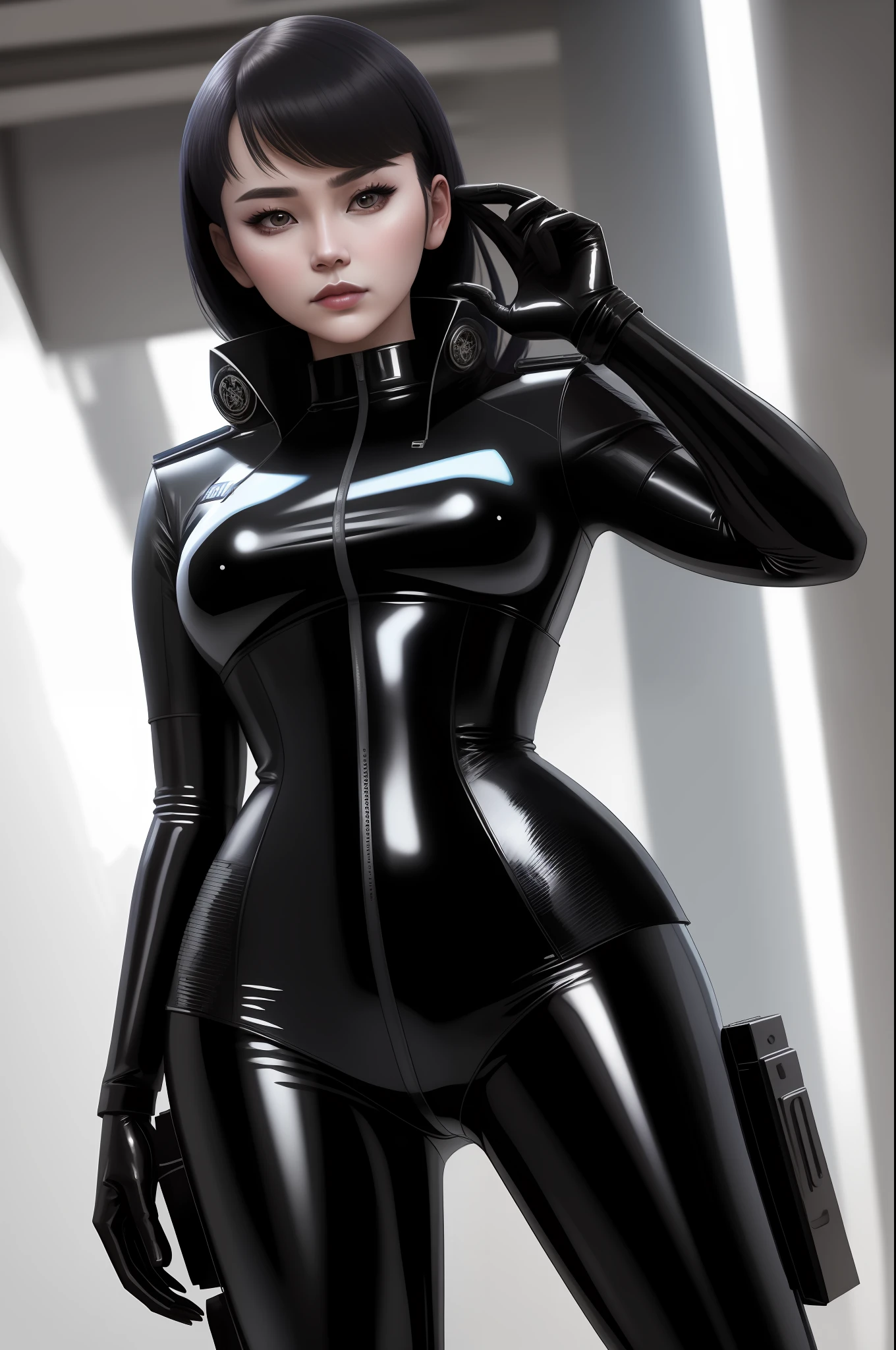 arafed woman in a police uniform posing for a picture, an imperial agent from star wars, officer, anya from spy x family, in black uniform, outfit: cop, wearing black latex outfit, seductive cyberpunk dark fantasy, iu lee ji-eun as a super villain, black leather costume, wearing atsuko kudo latex outfit, cyberpunk glossy latex suit
