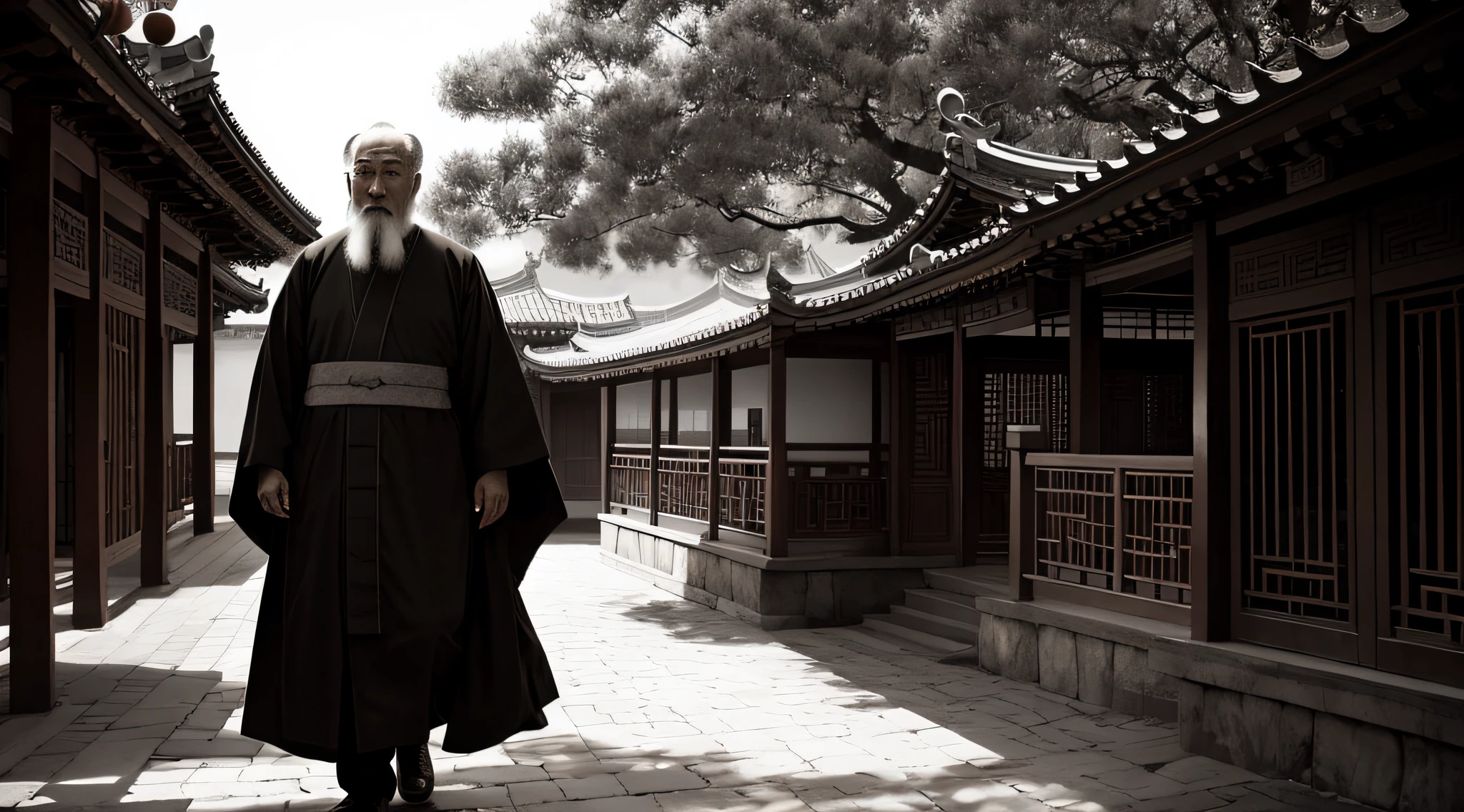 Acáis media, dark ambience, particles in air, sepia portrait of a very old and wise chinese monk, walking in chinese garden, open eyes, wide full body shot, [dressed in white], long hair and beard, detailed clothes features, grainy cinematic photography, old 35mm film, vintage, iconic shot, dramatic soft light, 18k ultra HD, intimate