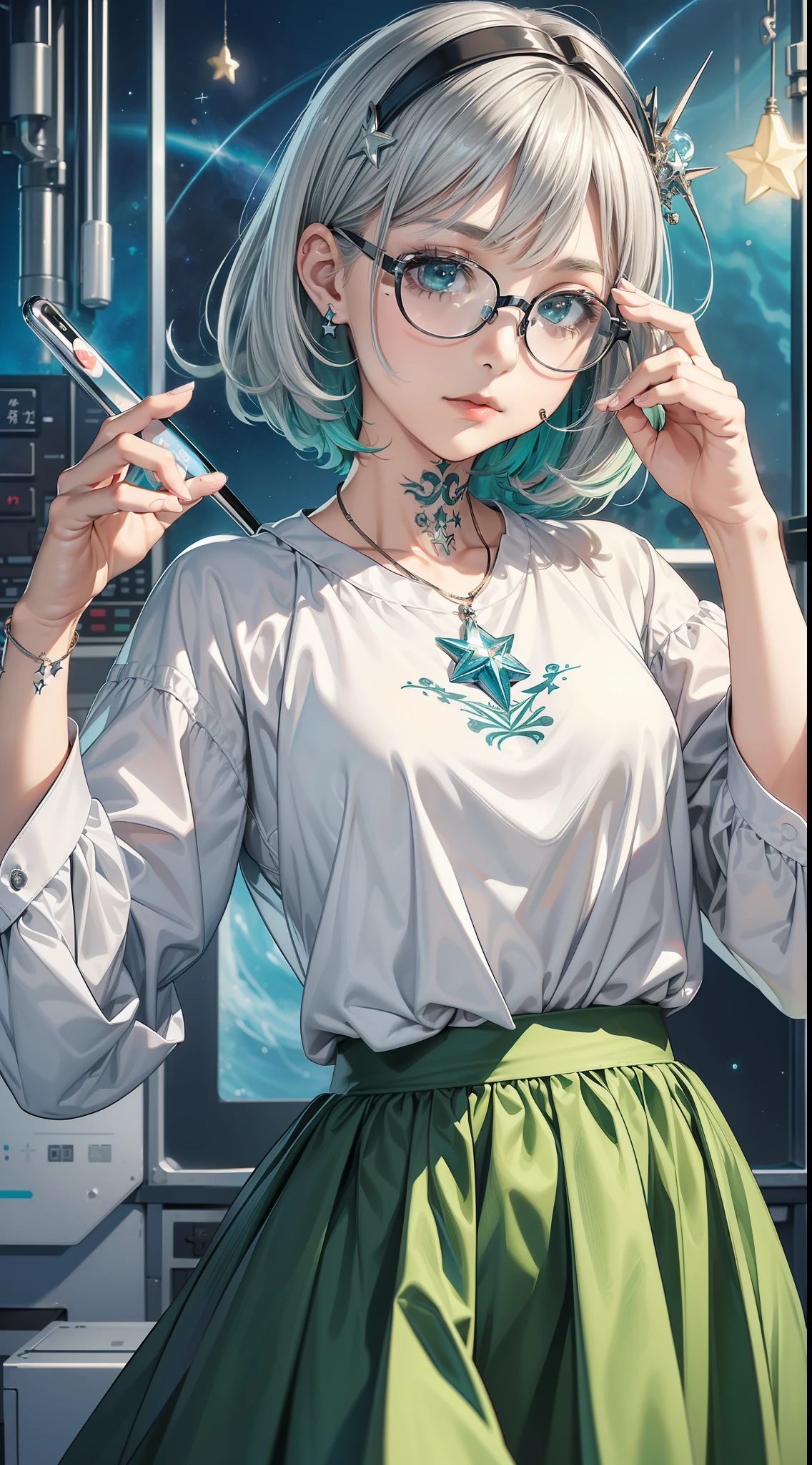(​masterpiece:1.3)、(top-quality)、(in 8K,4K),(Intricate details)、reallistic、(1girl in:1.8)、独奏、(White shirt、long  skirt)、20yr old、short-cut、green colored hair、Eyes are gray、((Science University Students))、Challenging、Height 160cm、slim figure,(Tattoo in the shape of a star:1.2)、((Hair ornament in the shape of the symbol of Aquarius)),((Silver-rimmed glasses)), a tablet、Interested in games and programming、I like to look at the ocean