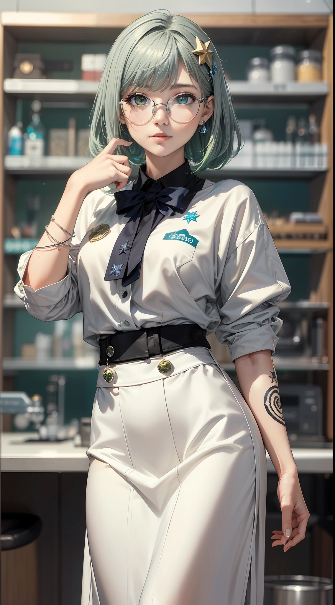 (masterpiece:1.3)、(top-quality)、(in 8K,4K),(Intricate details)、reallistic、(1girl in:1.8)、独奏、(White shirt、long skirt)、20yr old、short-cut、green colored hair、Eyes are gray、((Science University Students))、Challenging、Height 160cm、slim figure,(Tattoo in the shape of a star:1.2)、((Hair ornament in the shape of the symbol of Aquarius)),((Silver-rimmed glasses)), a tablet、Interested in games and programming、I like to look at the ocean