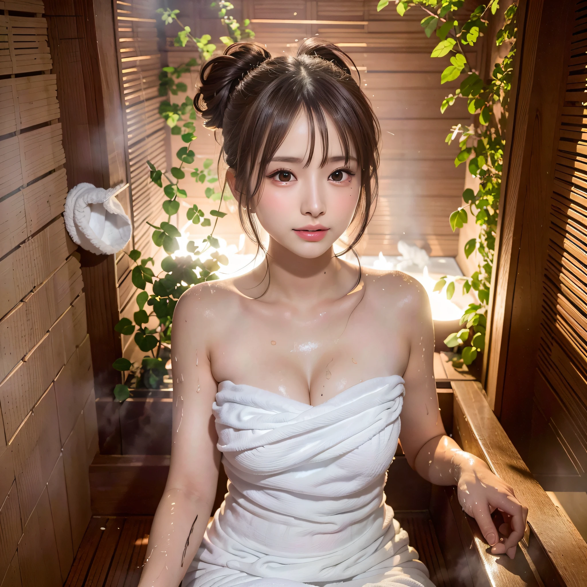 ((Top Quality, 8k, Masterpiece: 1.3)), Beautiful Woman, 1 Woman, small breasts:1.3, Slender Figure: 1.1, Toned Abs, Dark Brown Hair, (sauna, Wet Body), (white big size towel dress strapless:1.1, off shoulders), Ultra Detailed Face, Detailed Lips, Detailed Eyes, Double Eyelids、Bun hair, sitting on