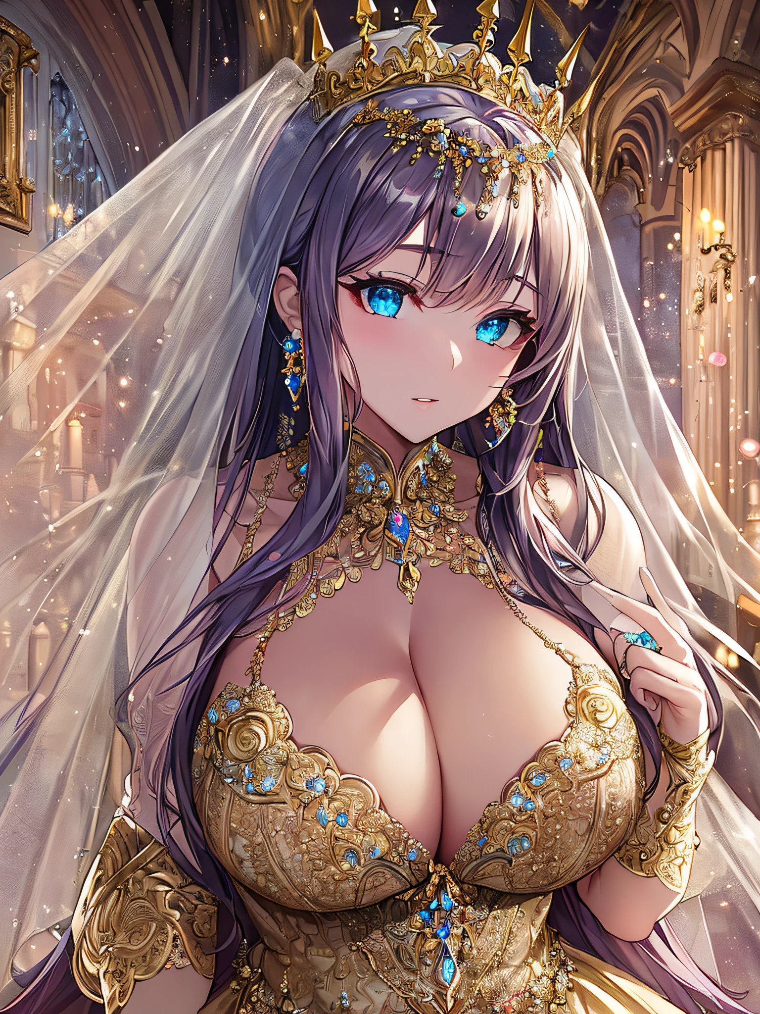 ((anime artstyle)),(Masterpiece),(Best Quality), (Super Detail),((Very Delicate and Beautiful)),Focus on character,Dynamic Angle,Looking at viewer,((Solo)),standing,((full body)),((one princess in gorgeousfull BlingBling wedding dress with voluminous skirt)),((BlingBling)),detailed face and eyes,jewel-like eyes,((Very Long voluminous Hair)),gorgeous embroidery and lace,((gorgeous corsage)),See-through,(Gorgeous BlingBling jewelry ornaments),luxury hair ornament,BlingBling luxury tiara with jewels,ornate ruffles,((gigantic breasts,Long breasts)),indoor,church wedding,((full body)),hoop skirt,crinoline,very long gorgeousfull wedding veil,(((jeweled gorgeous embroidery BlingBling wedding dress)))