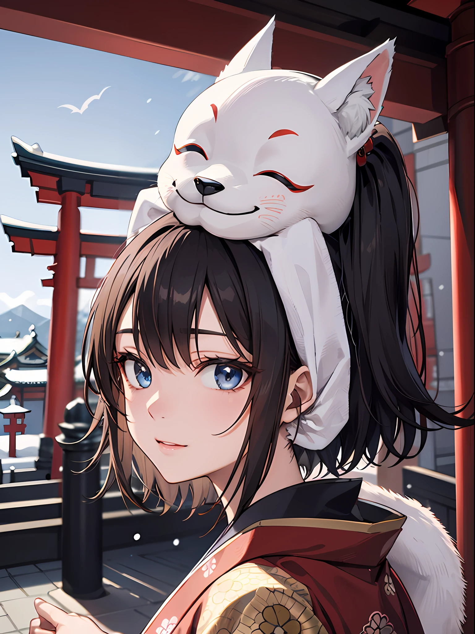 (absurderes、hight resolution、ultra-detailliert)、facial close-up、Facial emphasis、focus on face、One lady、a beauty girl、long straight hair、shiny and beautiful hair、blue eyess、bangss、long-sleeve、Finely drawn eyes and detailed faces、highlight in eyes、Hands without breaks、Abundant lighting、extremely detailed CG unified 8k wallpaper、intricate detailes、portlate、gaze、独奏、Half Shot、Fine drawing face、 soft smiling、Dynamic poses、Classical period、(Ancient Japan themed:1.1)、Japan myths、fox ear、Fushimi Inari、Red torii gate、japanes、Regulations、Person Japan blue kimono、Floral kimono、Ancient theme、(Prosperous civilization:1.1)、moon in background、(snow-white:1.1)shrines、torii gate、Japanese landscape、Ancient city in the background、Fox mask on the head、Fantastical、dream-like、Dancing Light、lanthanum、Solemn evening、The Darkness、stele、portraitures、电影灯光