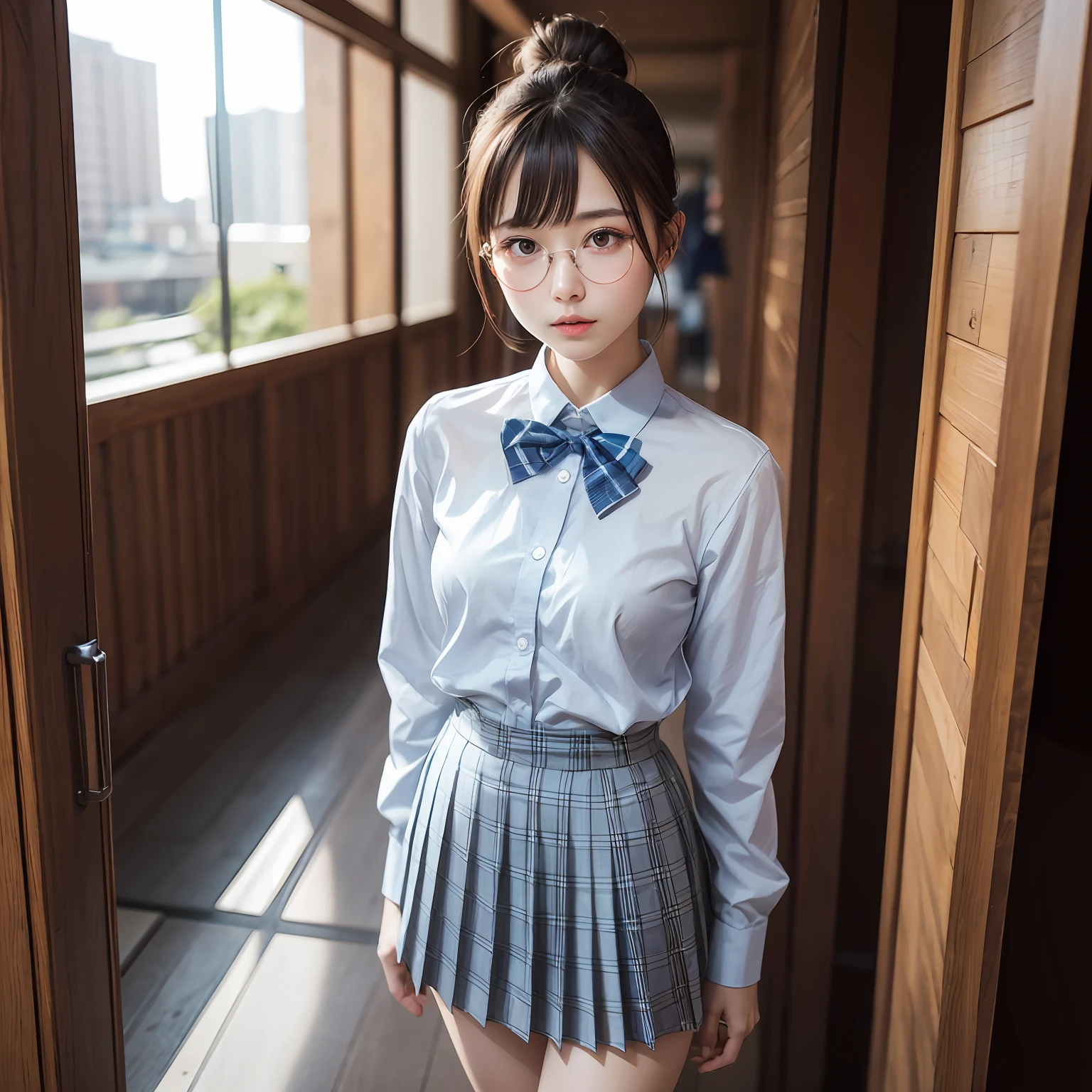 (8K、Raw photography、top-quality、masterpiece:1.2),full body Esbian,masterpiece,top-quality、超A high resolution,Raw photo,ren,Beautiful fece,One Person, 独奏,eye glass,,Dark look,Small breasts,fullllbody,Round glasses、cute little、A Japanese Lady,is standing,(Tight eyes,Bullish,skinny,Rasping,irate,small tits,flat breast)、(Photorealsitic:1.37)、Photon mapping,Light blue ribbon,Realistic、Cute little face,Brown-eyed、Black socks、Red bow tie、Radio City、Physically Based Rendering、Foreground、depth of fields、Blurry background、a picture,The girls、Body, Long legs, Thin leg, Single knot ponytail,Bun your hair into one bun、shed in front of the chest.、(Bangs are visible), hair, s lips, Blue_The eye, nosesoft, Light blue shirt, Navy blue and blue and white plaid pleated skirt, Sheer clothing,, Thigh, Black cotton socks,Nogizaka Idol, 女優, Japanese ido