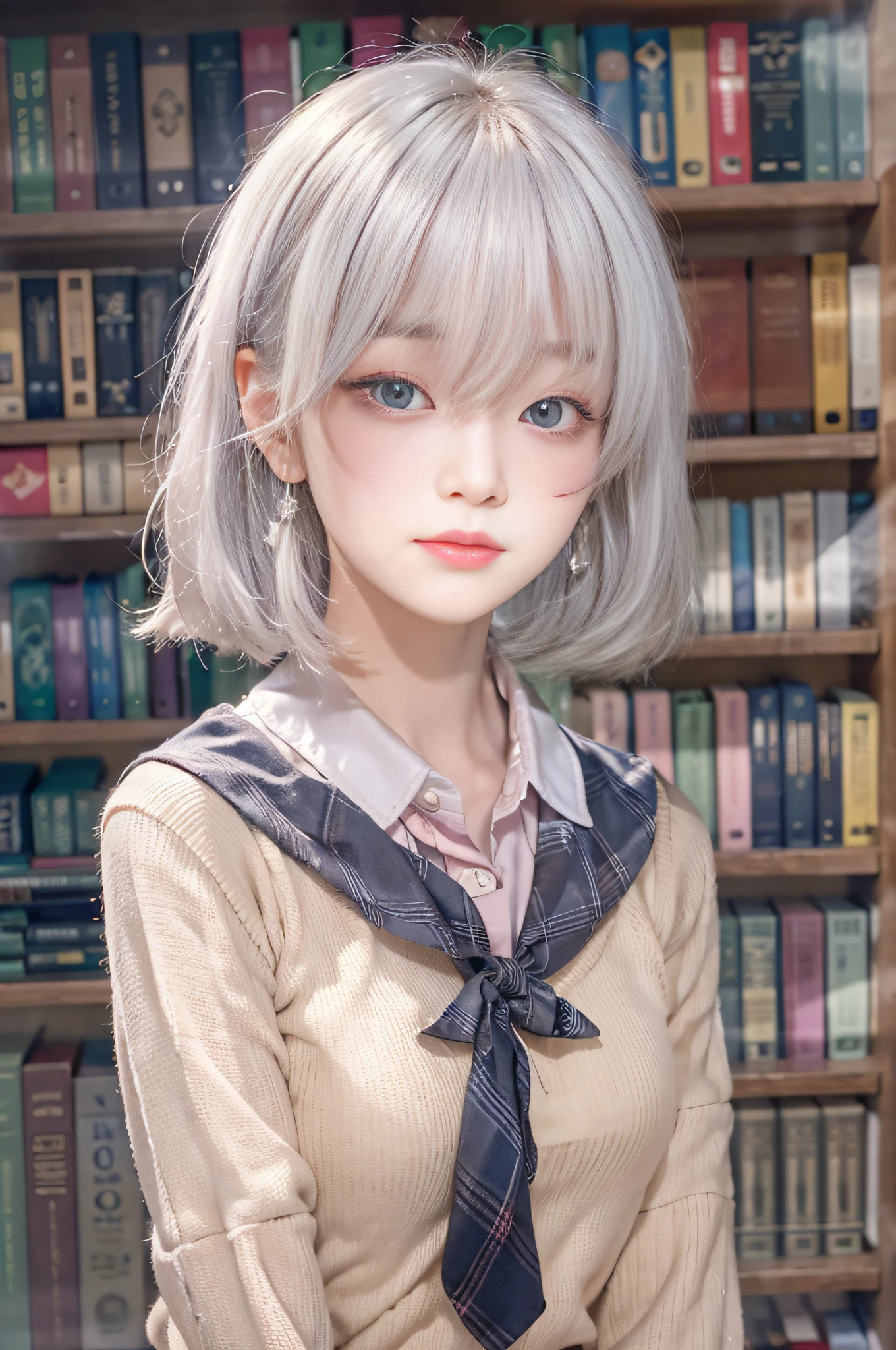 Best image quality, RAW photo, super high resolution, taken from the side, gentle smile, 16 years old Korean, very big breasts, tie, ribbon, school uniform, collared shirt, school uniform shirt, plaid skirt, fair skin, shiny white skin, short bob, bright silver hair, bright gray hair, neatly aligned bangs, beautiful eyes, beautiful eyes of random colors, very thin lips, beautiful eyes with details, Elongated eyes, pale pink blush, long eyelashes, beautiful double eyelids, eyeshadow, earrings, night school, dimly lit library at night, standing next to a bookshelf