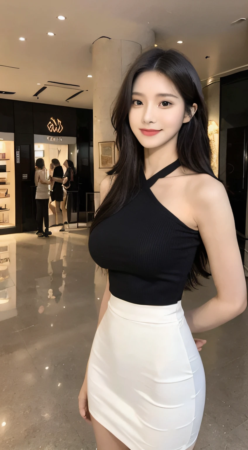 A girl of about 41 years old,simplicity,Extremely beautiful and delicate,(light make-up),Black color hair,A sweet smile,Delicate and beautiful fair skin,Realistic and realistic,exquisite and complete facial features,Detailed depiction of the face,tall nose bridge,Red lips,Beautiful, gentle and beautiful girl,Smooth hair,extremely detail hair,Feminine temperament,Fill your face light,hyper realisitc,photorealestic,8K quality,extremy detailed,Realistic details,Works of masters,Realistic to the extreme,big breasts body,Beautiful,Pure desire,Stunning beauty,Peerless beauty,Highest image quality,8K分辨率,goddes,ssmile,Fine facial features,Hair over the shoulder,A brown-haired,Large long thick legs,(((High-waisted French top))),(((short skirt))),rays of sunshine,facing at camera,The body is well-proportioned and firm,Gentle eyes,Exposing thighs,stand posture,Stand inside the mall,Full body photo