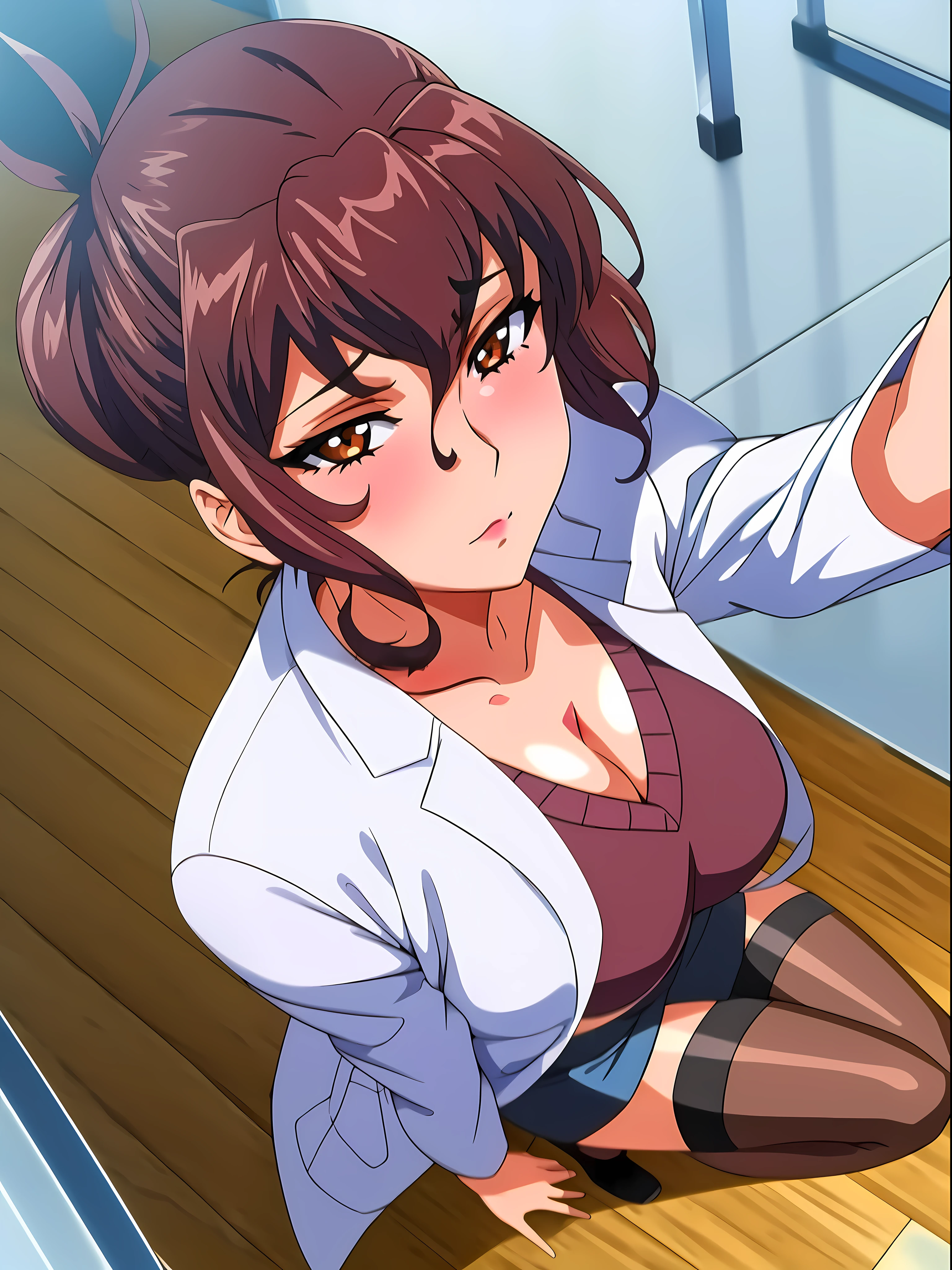 (beautiful hand:1.2), (masterpiece, best quality:1.3), Aiko Katsuragi, mature female, (full body shot:1.05), milf, 1girl, anime face, doctor, labcoat, short pencil skirt, (thighhighs:1.05), highheels, makeup, large breasts, lipstick, brown eyes, folded ponytail, brown hair, cleavage, perfect body, (athletic body:1.3), perfect eyes, perfect retina, anime eyes, eyeliner, eyeshadow, perfect face, (caring look:1.1), look at viewer, blush, high sharpness, sharp focus, medical room, professional artwork, intricate details, vivid colors, Diffused lighting, digital blending, ultra detailed body, ultra detail hair, ultra detail face, trending on pixiv