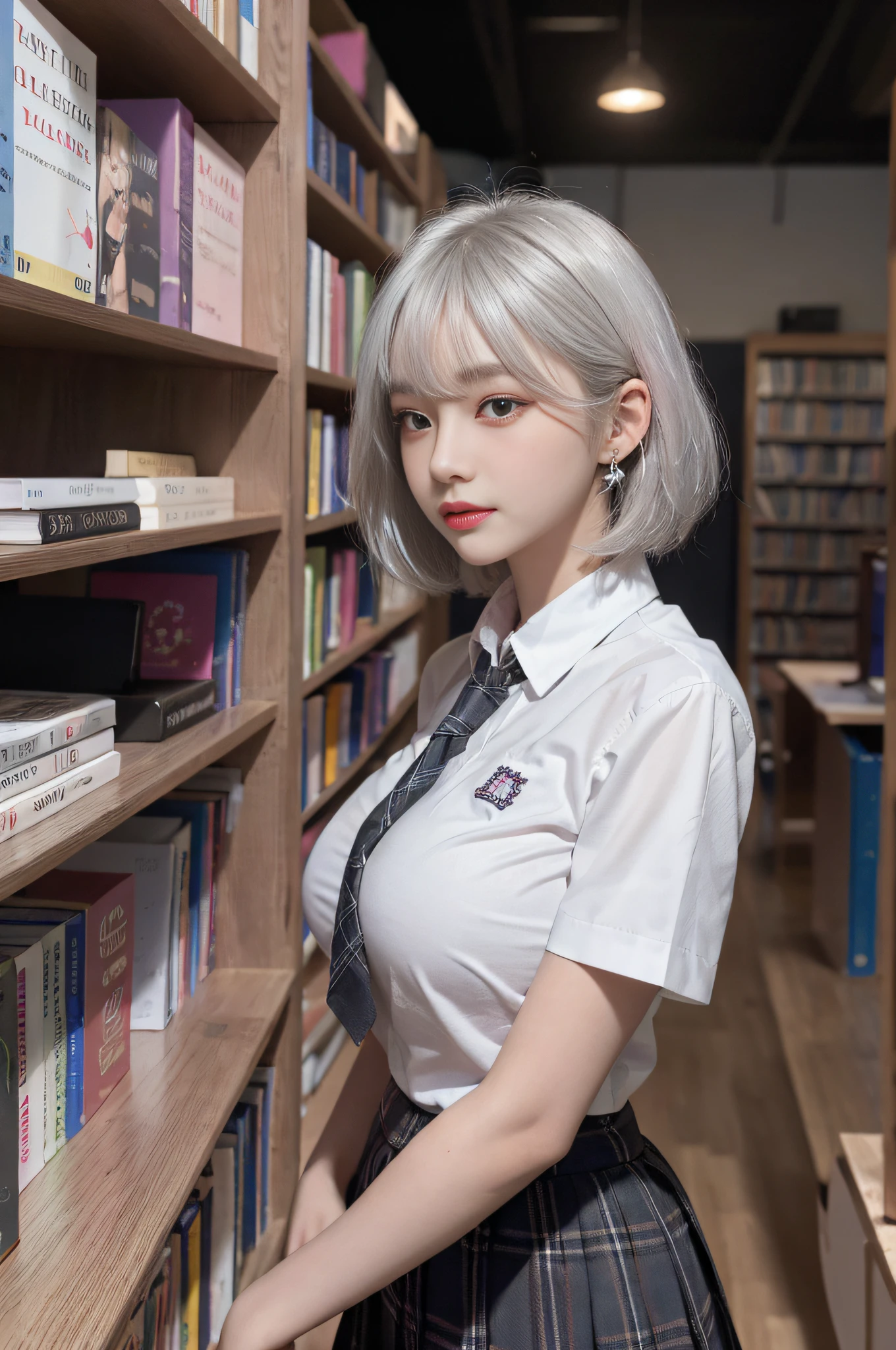 Best image quality, RAW photo, super high resolution, taken from the side, gentle smile, Korean, very big breasts, tie, ribbon, school uniform, collared shirt, school uniform shirt, plaid skirt, fair skin, shiny white skin, short bob, bright silver hair, bright gray hair, neatly aligned bangs, beautiful eyes, beautiful eyes of random colors, very thin lips, beautiful eyes with details, Elongated eyes, pale pink blush, long eyelashes, beautiful double eyelids, eyeshadow, earrings, night school, dimly lit library at night, standing next to a bookshelf