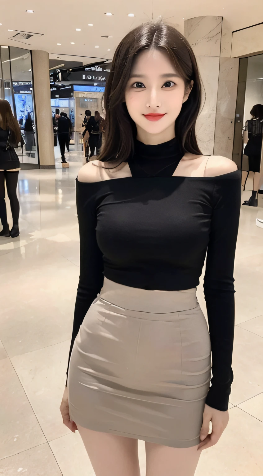 A girl of about 42 years old,simplicity,Extremely beautiful and delicate,(light make-up),Black color hair,A sweet smile,Delicate and beautiful fair skin,Realistic and realistic,exquisite and complete facial features,Detailed depiction of the face,tall nose bridge,Red lips,Beautiful, gentle and beautiful girl,Smooth hair,extremely detail hair,Feminine temperament,Fill your face light,hyper realisitc,photorealestic,8K quality,extremy detailed,Realistic details,Works of masters,Realistic to the extreme,big breasts body,Beautiful,Pure desire,Stunning beauty,Peerless beauty,Highest image quality,8K分辨率,goddes,ssmile,Fine facial features,Hair over the shoulder,A brown-haired,Large long thick legs,(((High-waisted French top))),(((short skirt))),rays of sunshine,facing at camera,The body is well-proportioned and firm,Gentle eyes,Exposing thighs,stand posture,Stand inside the mall,Full body photo