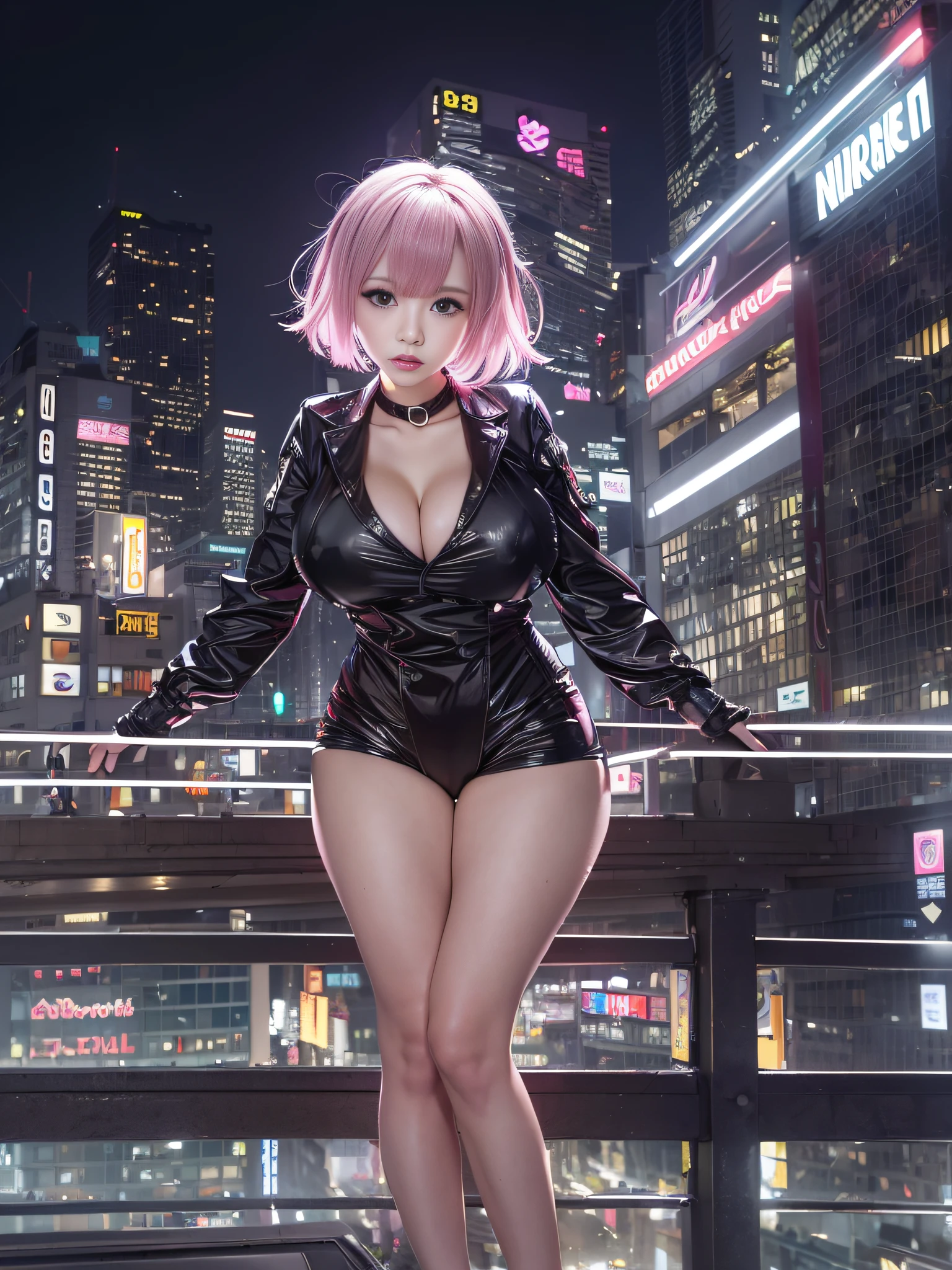 8K,top-quality、超A high resolution、女の子1人、Futuristic bodysuit、Black Choker、(huge-breasted:1.2)、high-heels,, Pink short hair, Upper body black swimsuit, Photo, background is city at night,Live action,japanes,独奏,Beautiful expression,Wearing black stockings,highrise buildings,The average face of an Japan idol,slender and slender legs,legs sit open with bent knees,skyrocket,mouth ajar,droolng