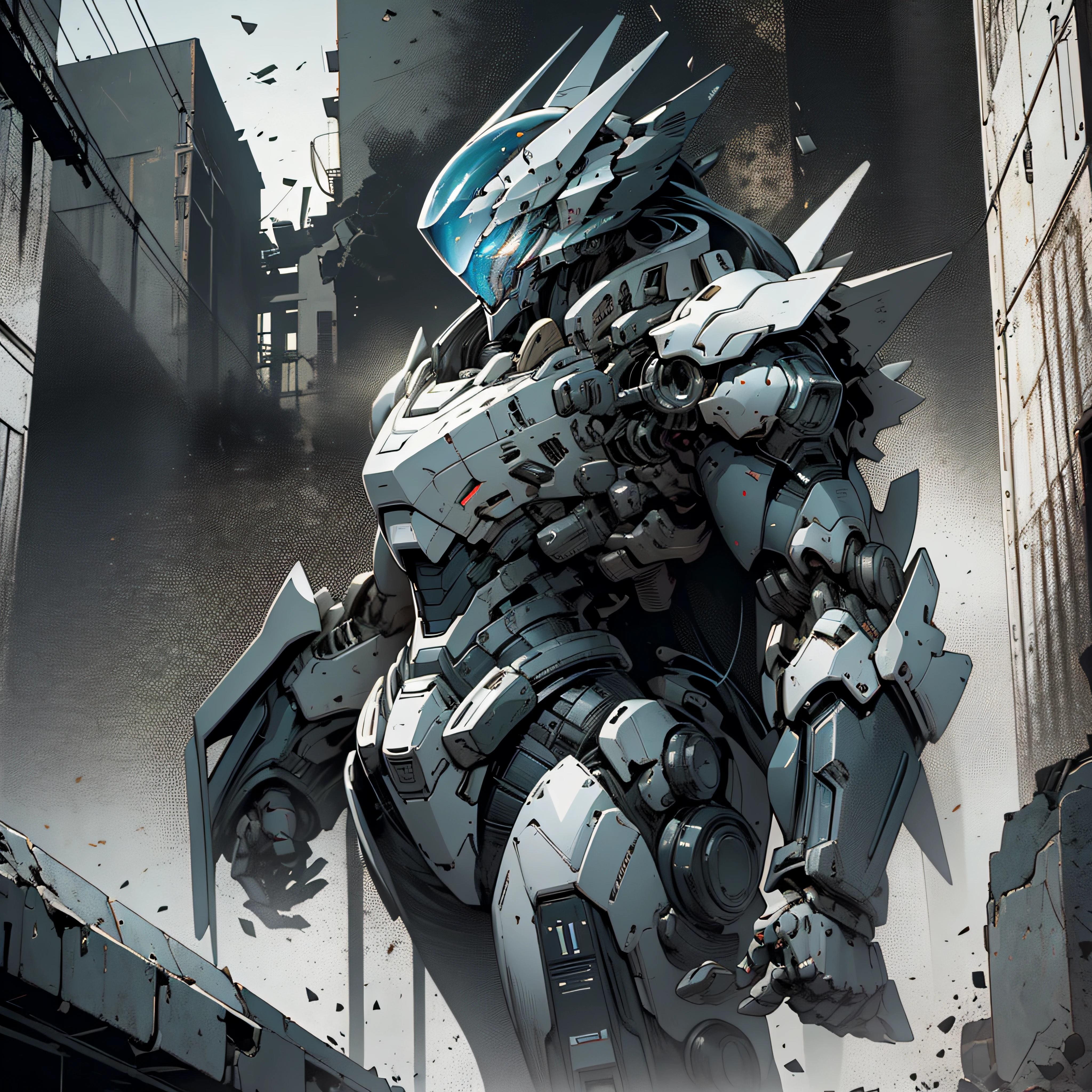 1 woman inside a huge bulky exoskeleton  robot  , ((bulky)) armor,  mecha, 
ink, clean lines,  negative space, high contrast, gradient color,