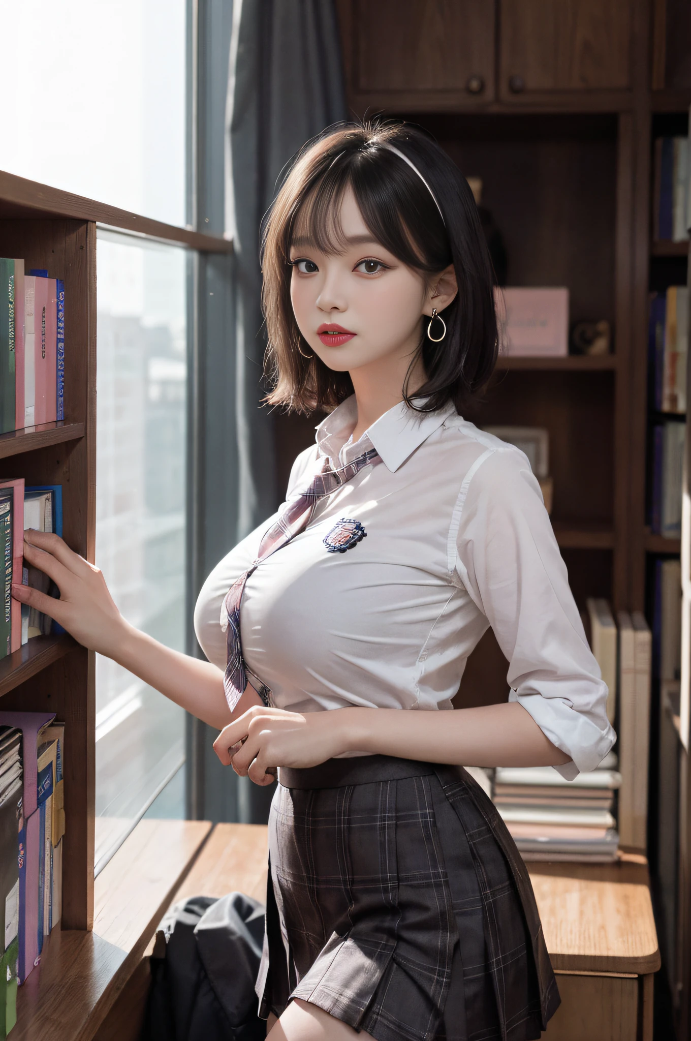 Best image quality, RAW photo, super high resolution, taken from the side, gentle smile, Korean, very big breasts, tie, ribbon, school uniform, collared shirt, school uniform shirt, plaid skirt, fair skin, shiny white skin, short bob, bright silver hair, bright gray hair, neatly aligned bangs, beautiful eyes, beautiful eyes of random colors, very thin lips, beautiful eyes with details, Elongated eyes, pale pink blush, long eyelashes, beautiful double eyelids, eyeshadow, earrings, night school, dimly lit library at night, standing next to a bookshelf