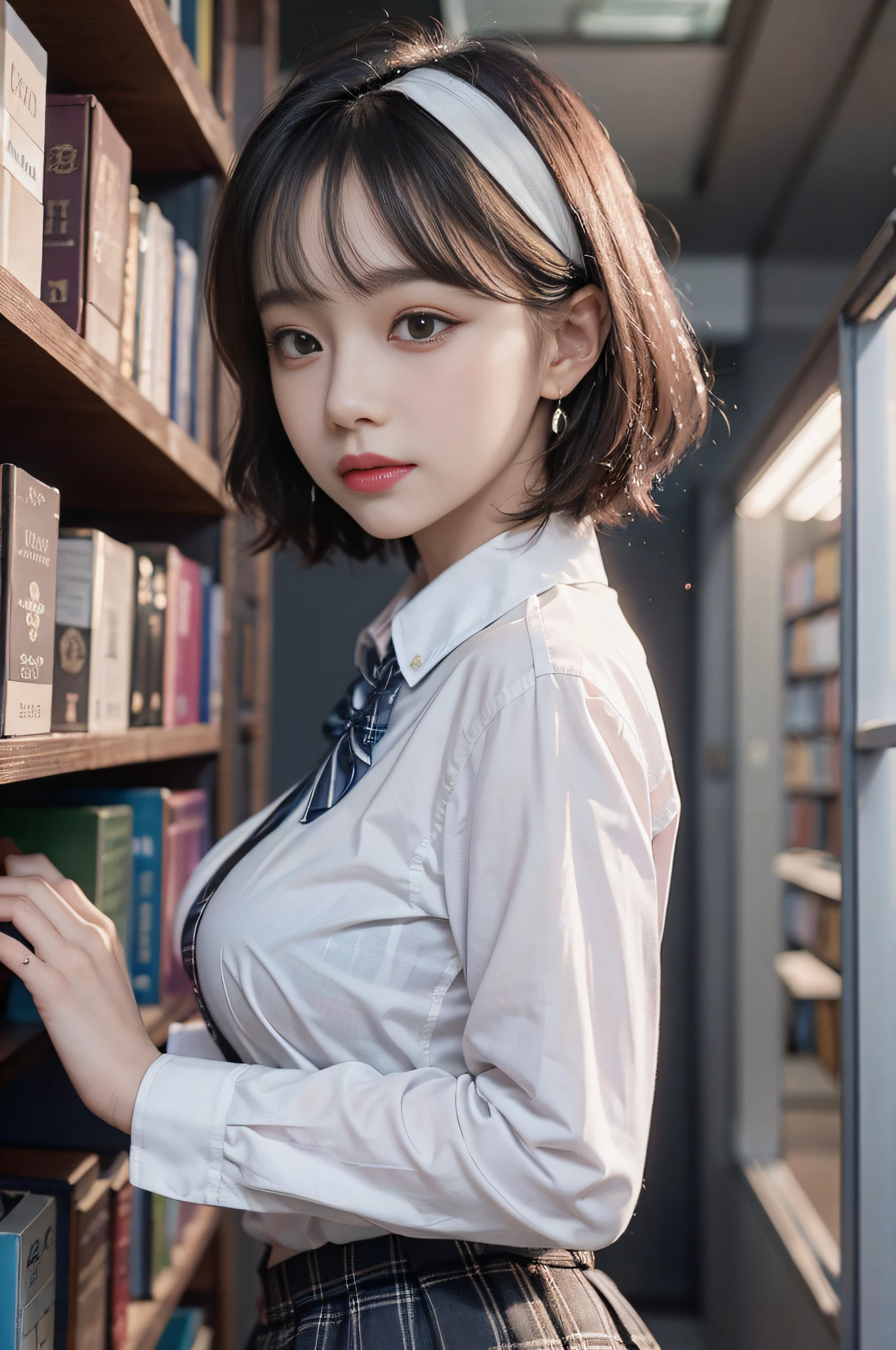 Best image quality, RAW photo, super high resolution, taken from the side, gentle smile, 16 years old Korean, very big breasts, tie, ribbon, school uniform, collared shirt, school uniform shirt, plaid skirt, fair skin, shiny white skin, short bob, bright silver hair, bright gray hair, neatly aligned bangs, beautiful eyes, beautiful eyes of random colors, very thin lips, beautiful eyes with details, Elongated eyes, pale pink blush, long eyelashes, beautiful double eyelids, eyeshadow, earrings, night school, dimly lit library at night, standing next to a bookshelf